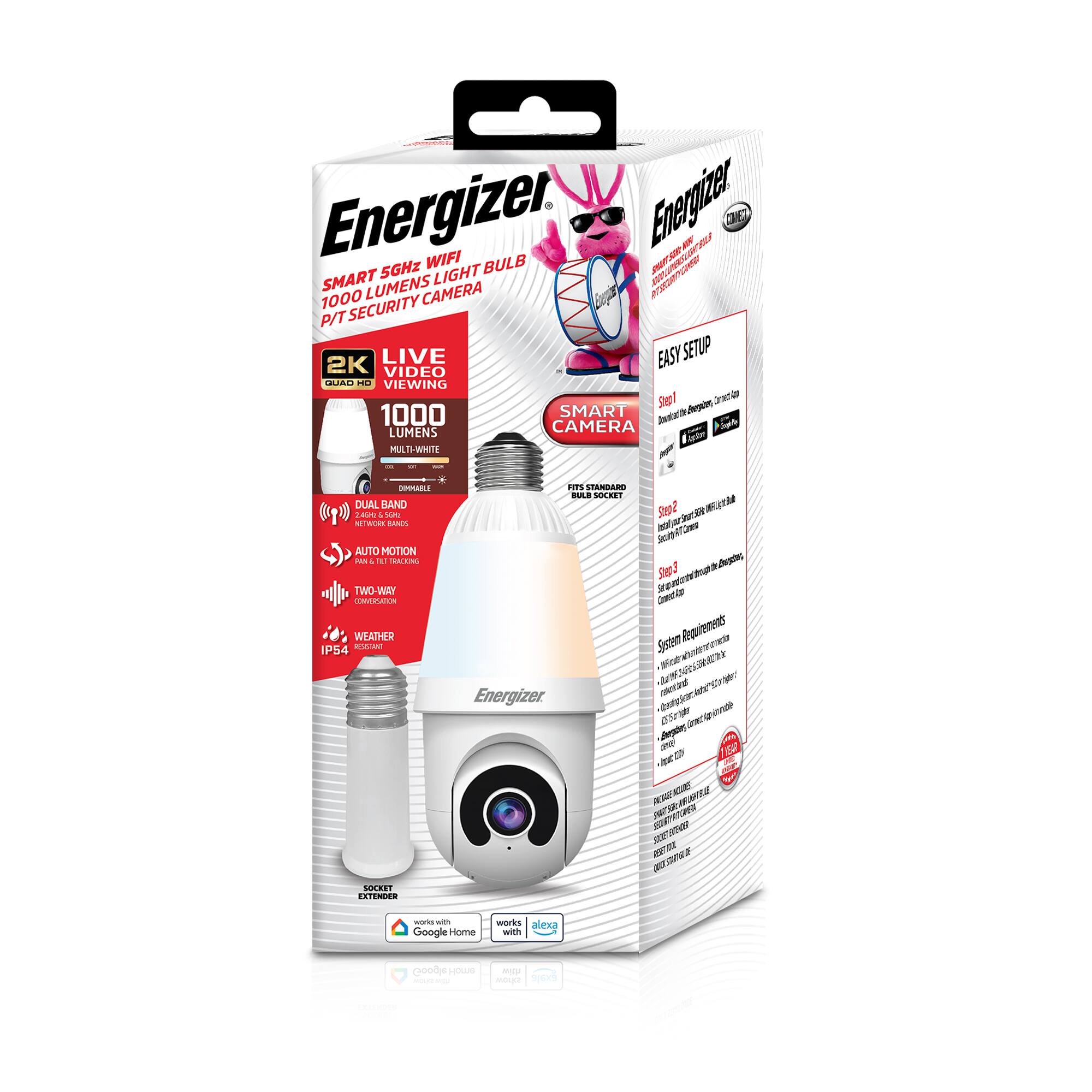 Energizer Smart 5GHz WiFi 1000 Lumens Light Bulb P/T Security Camera

- 2K Video
- Live Viewing
- 1000 Lumens
- Multi-White
- Dual Band
- Auto Motion
- Two-Way Conversation
- Weather IP54
- Easy Setup
- Fits Standard Bulb Socket
- Works with Google Home and Alexa

System Requirements:
- Download App
- Connect to WiFi
- Set up Smart WiFi Light Bulb and Security Camera
- Connect to Power

Socket Extender Included