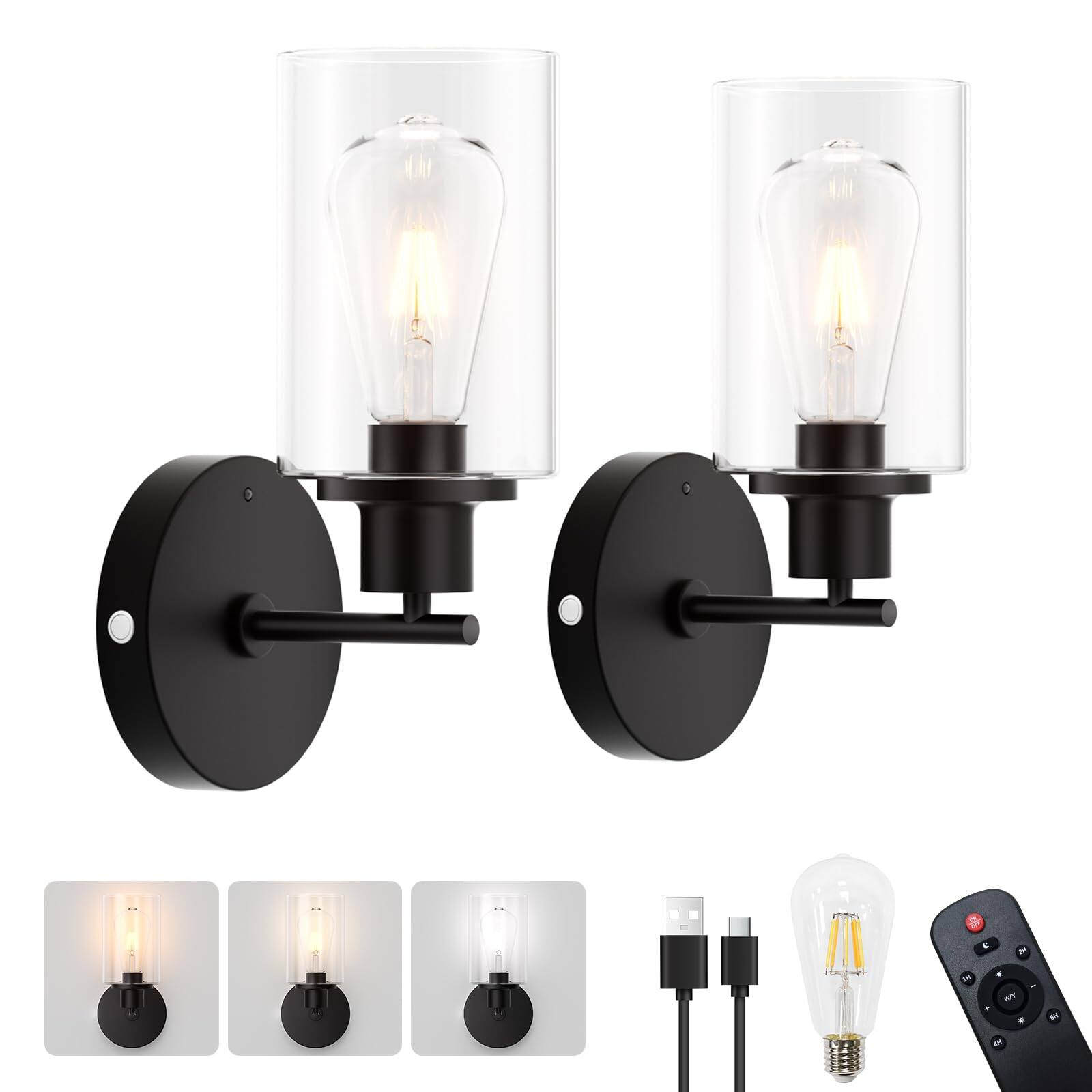 Front. HM 1810 - Operated Wall Sconce Set Of Rechargeable Lights With Remote Color Temperature Dimmable E Edison Bulbs Magne - 2 Pack.