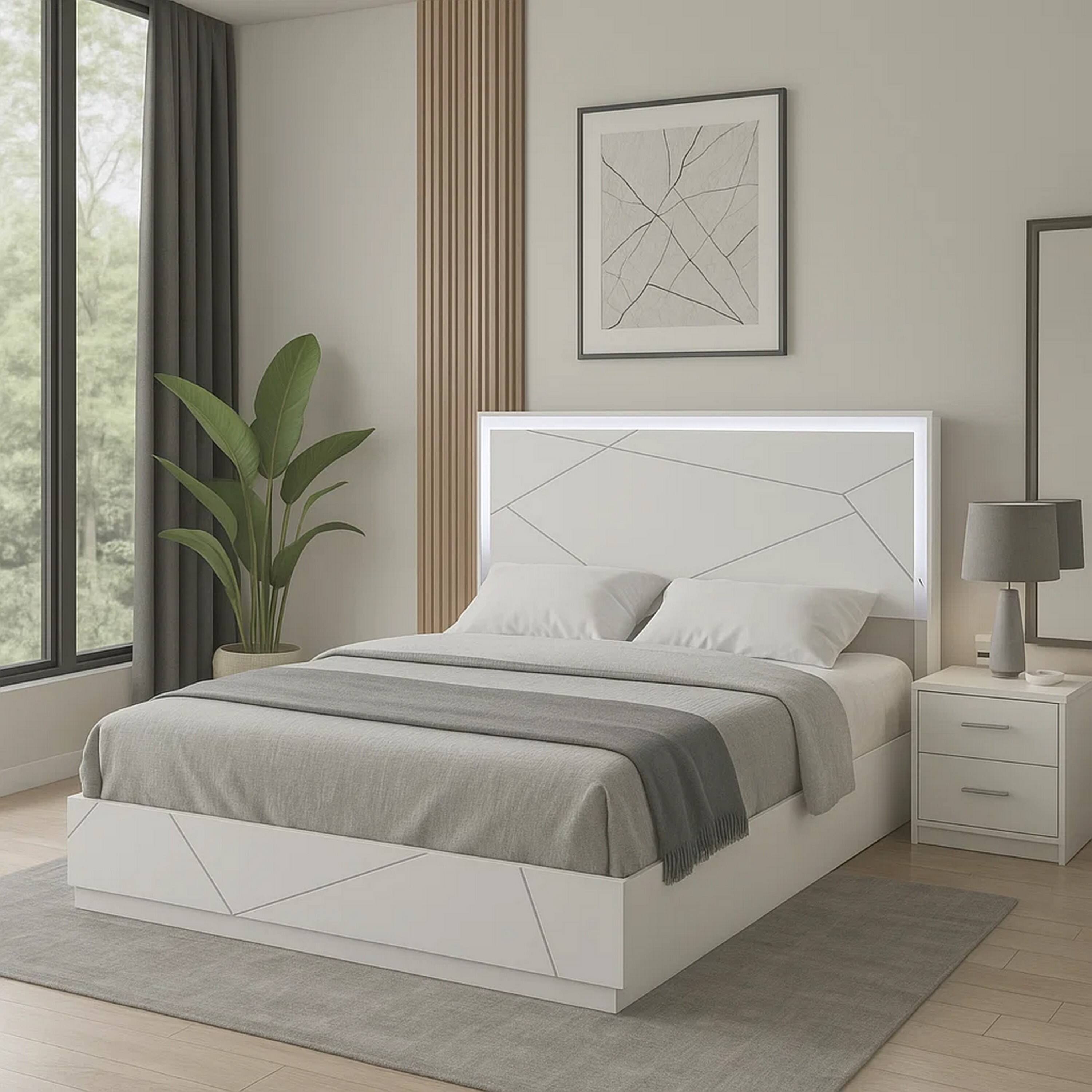 Alt View 6. Manhattan Lane - Esy Queen Size Storage Bed with LED Headboard, USB Ports, White and Silver - White, Silver.