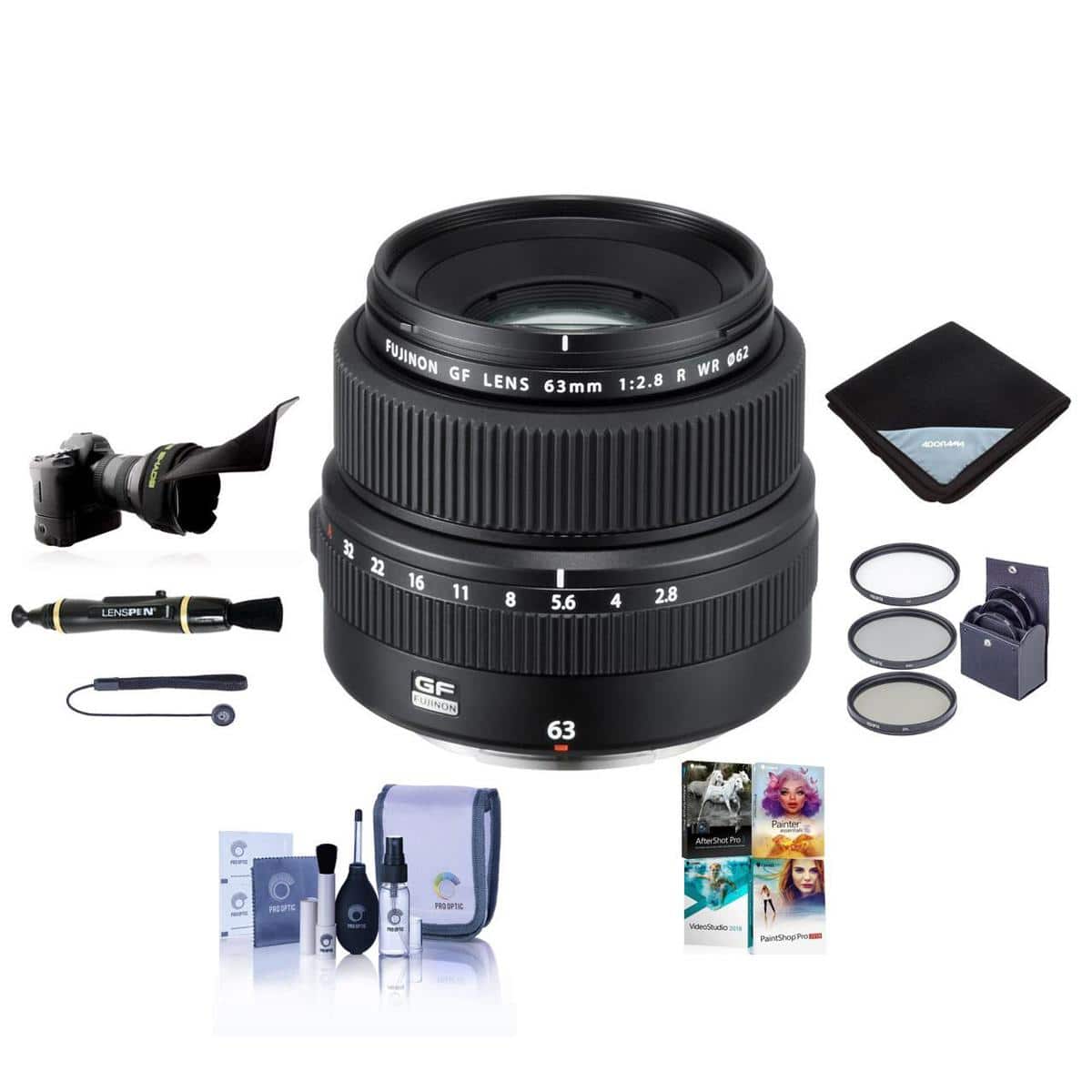 Fujifilm - GF 63mm f/2.8 R WR Lens, Bundle with ProOptic 62mm Filter Kit, Cleaning Kit, Lens Cap Tether, Flex Lens Shade,