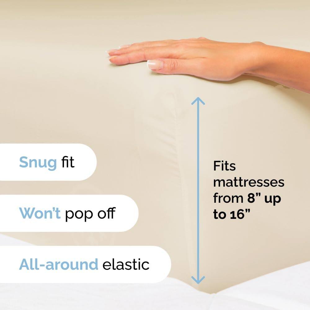 - Snug fit
- Won't pop off
- Fits mattresses from 8" up to 16"
- All-around elastic