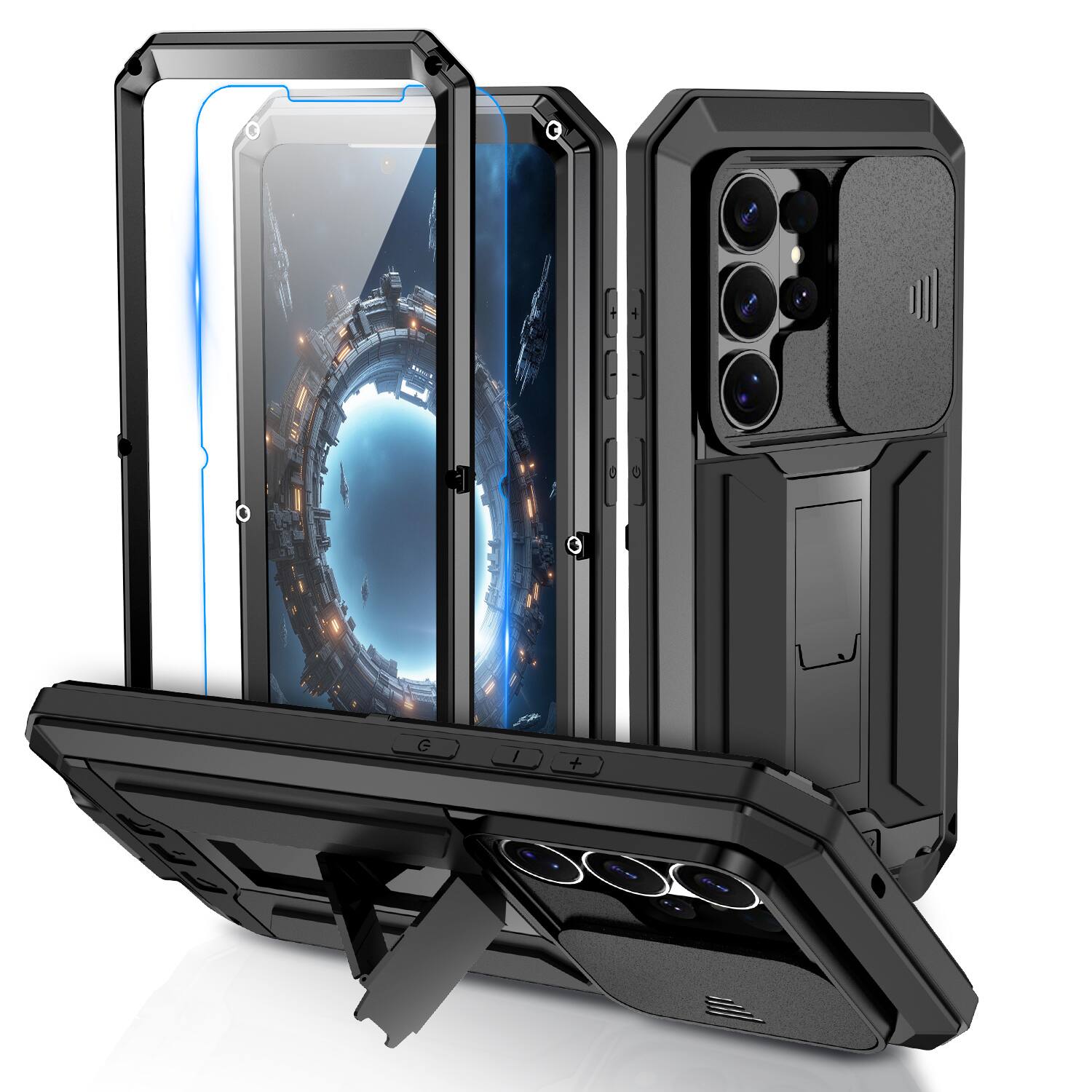 Dteck - For Samsung Galaxy S26 Ultra Kickstand Shockproof Rugged Full Body Case Built-in Screen Protector+Sliding Lens Cover - Black