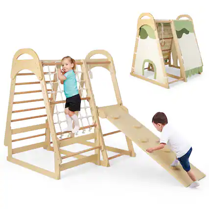 Front. Gymax - Gymax Kid's Climbing Toy w/ Slide Climbing Net Climbing Rock Removable Tent - Beige.