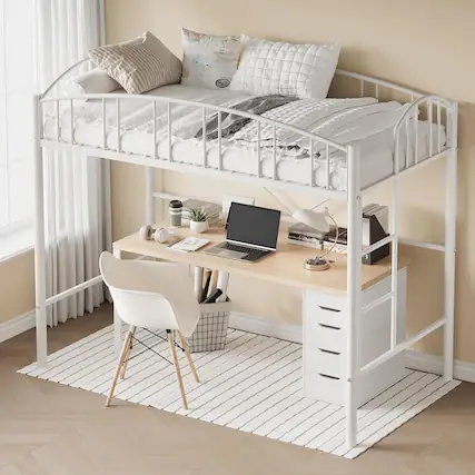 Front. Qeetex - Twin Loft Bed – Heavy Duty Metal Frame with Arched Guardrail and Safety Ladder Space-Saving White - As Shown.