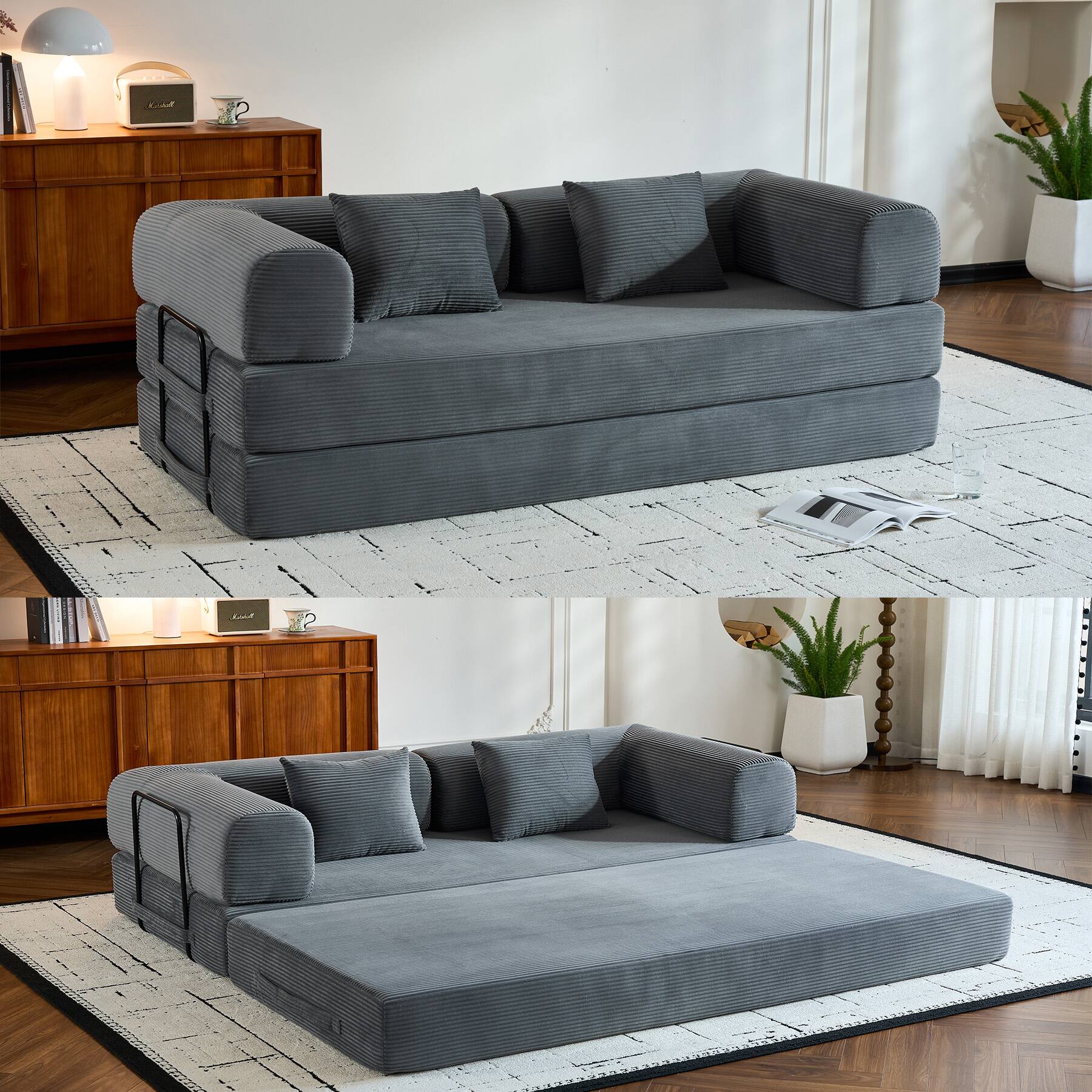 Alt View 2. Roomtec - Convertible Sleeper Sofa Bed with Cylindrical Pillow Corduroy Folding Mattress Couch with FixedShape Frame Floor Sofa - Gray.