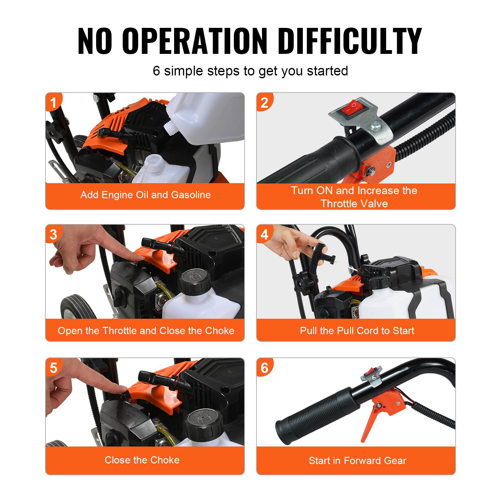 NO OPERATION DIFFICULTY  
6 simple steps to get you started  

1. Add Engine Oil and Gasoline  
2. Turn ON and Increase the Throttle Valve  
3. Open the Throttle and Close the Choke  
4. Pull the Pull Cord to Start  
5. Close the Choke  
6. Start in Forward Gear