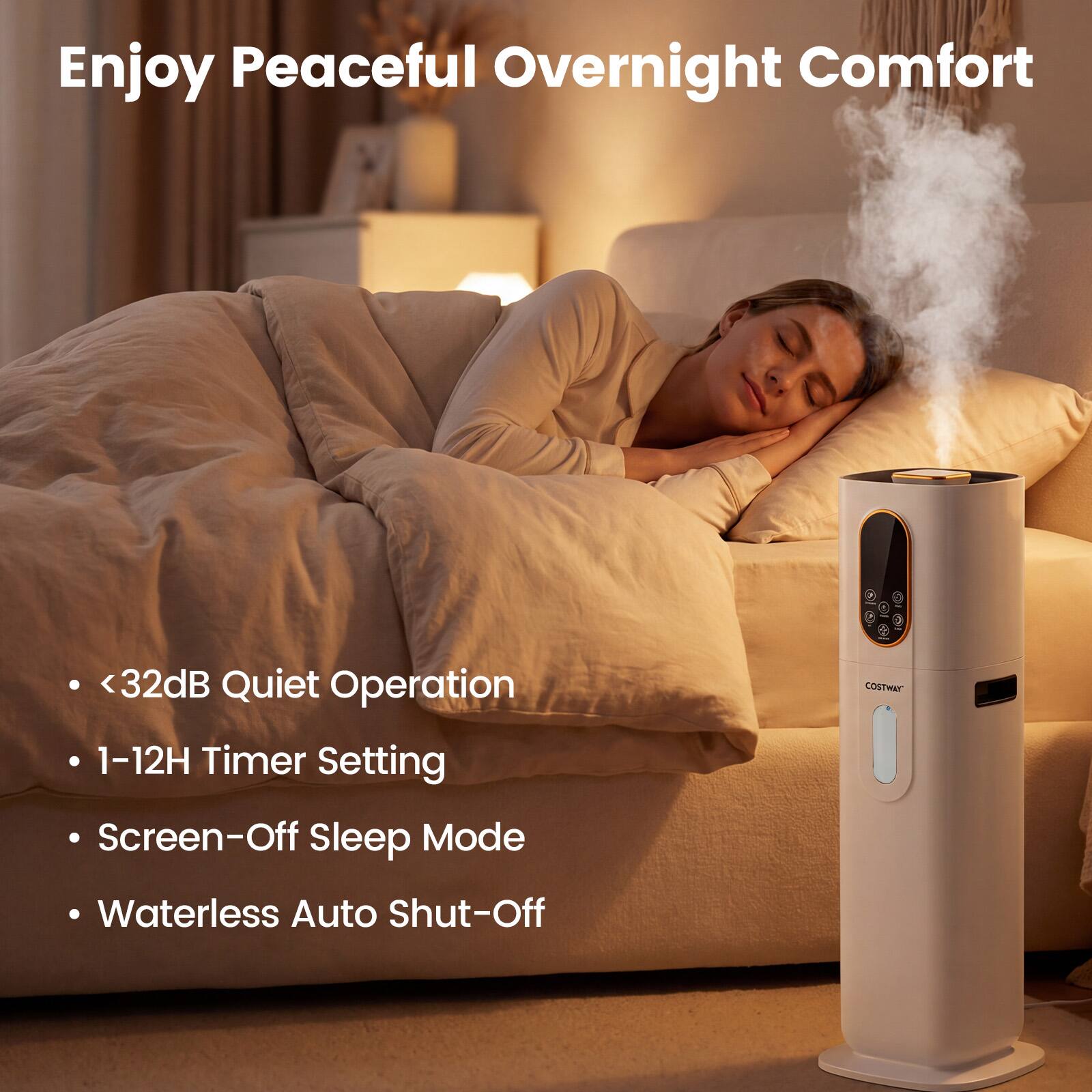 Enjoy Peaceful Overnight Comfort

- <32dB Quiet Operation
- 1-12H Timer Setting
- Screen-Off Sleep Mode
- Waterless Auto Shut-Off