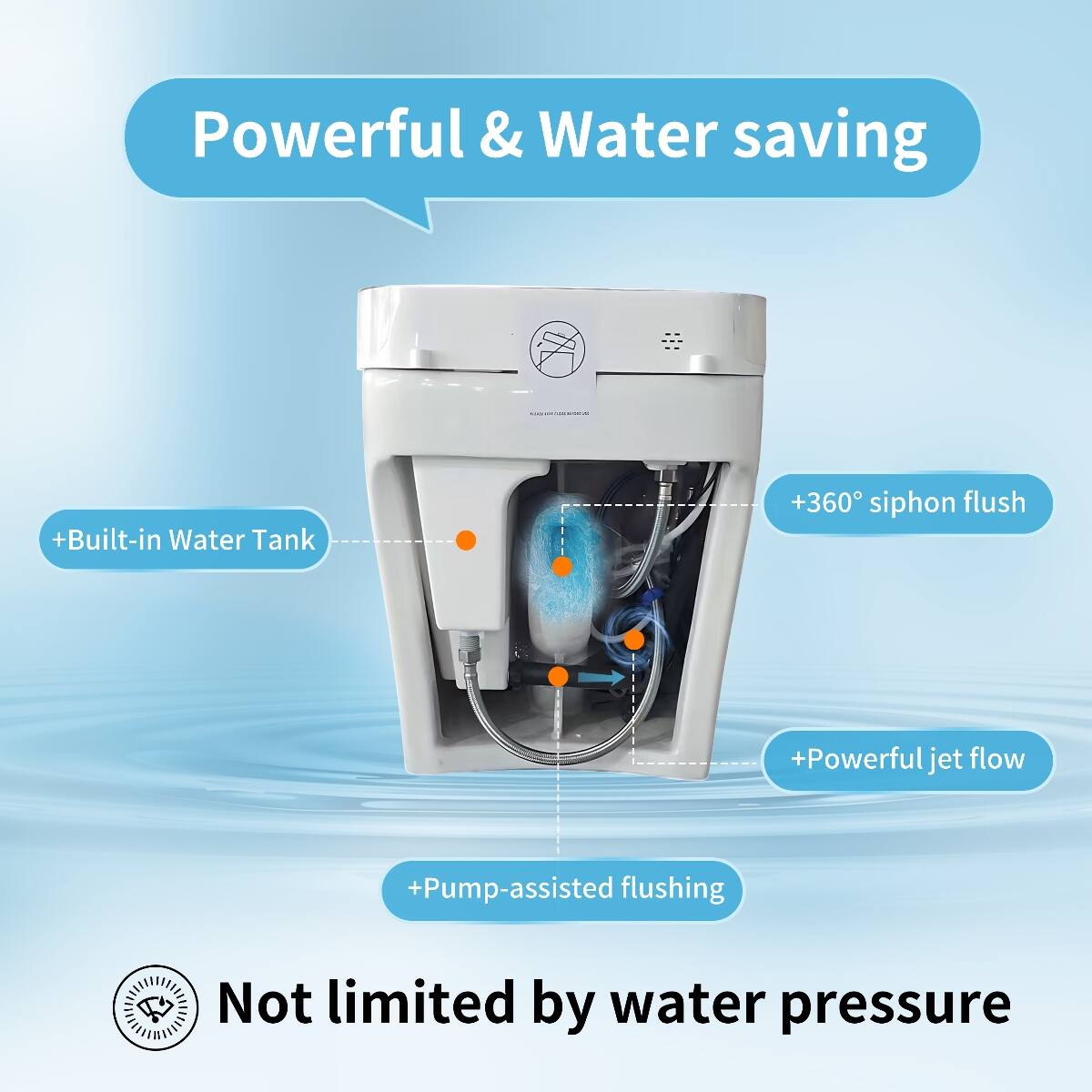 Powerful & Water saving

- WWW.COM
- Built-in Water Tank
- 360° siphon flush
- Powerful jet flow
- Pump-assisted flushing
- Not limited by water pressure