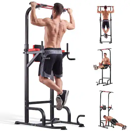 Front. Sugift - Adjustable Power Tower Pull Up Bar Station with 11 Height Levels and Resistance Ropes - Black.