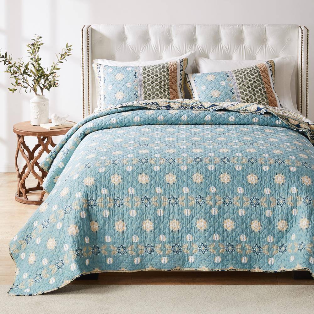 Alt View 2. Greenland Home Fashions - Greenland Home Fashions Thalia Stylized Florals and Geometric Prints Bohemian 3 Piece Quilt Set King/Cal King Blue - Blue.