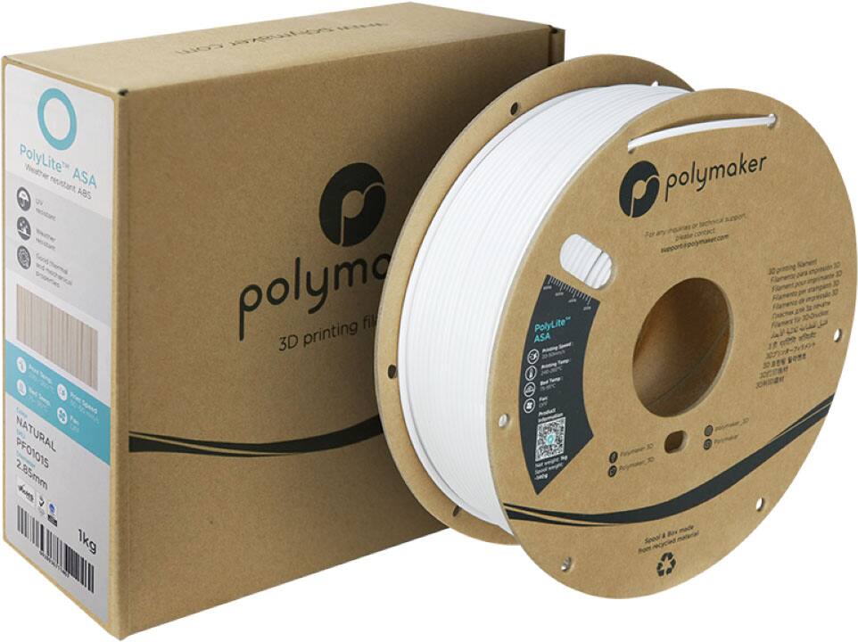PolyLite ASA 3D printing filament is made of a natural PLA material, and it is available in a 2.85mm diameter. The filament is compatible with 12V heated bed 3D printers. The filament is packaged in a cardboard box with a label that provides information about the product, such as the website for PolyLite and contact information. The box also has a barcode for easy identification.
