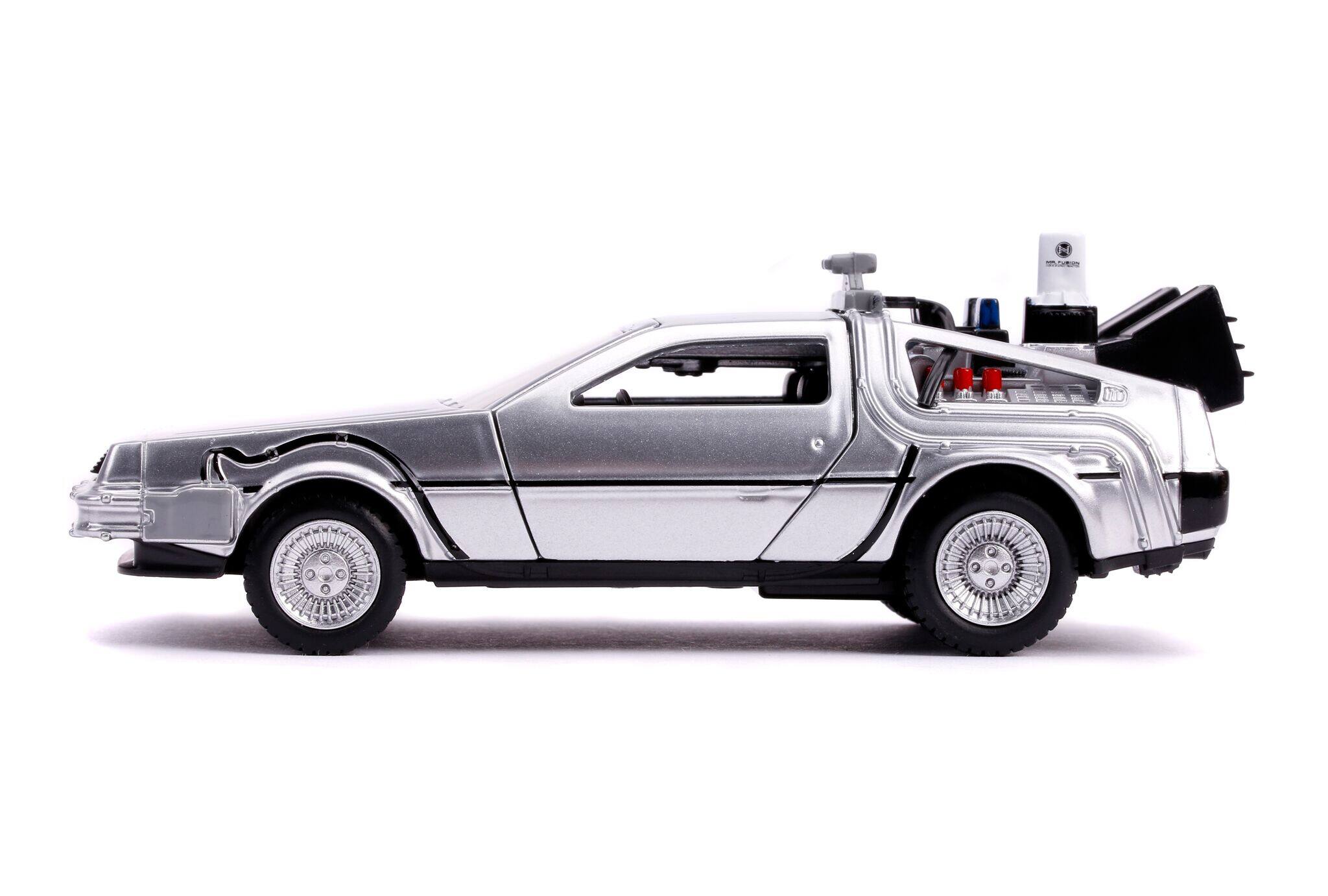 Left. Jada - DeLorean DMC (Time Machine) Silver "Back to the Future Part II" (1989) Movie "Hollywood Rides" Series 1/32 - Silver.