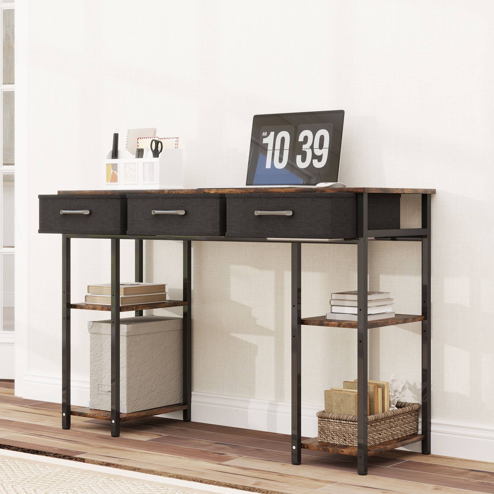 Alt View 8. Homcom - 47" Computer Desk with 3 Fabric Drawers, Home Office Desk with Adjustable Shelves, Small Writing Desk - Rustic Brown.