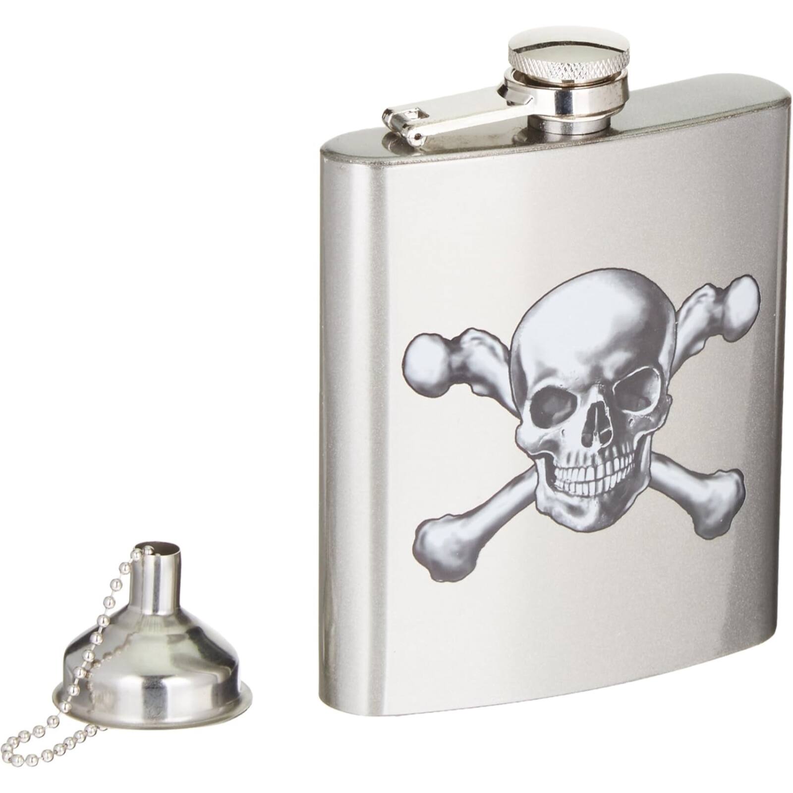 Angle. Spoontiques - Spoontiques Skull and Crossbones Metal Hip Flask with Funnel 7 ounce - Silver.