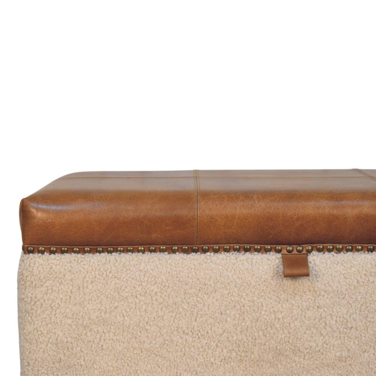Back. Artisan Furniture - Artisan Furniture Solid Wood Boucle Lid- up Storage Ottoman, Upholstered, Boucle Fabric, Leather, Cream & Brown - Brown & Cream.