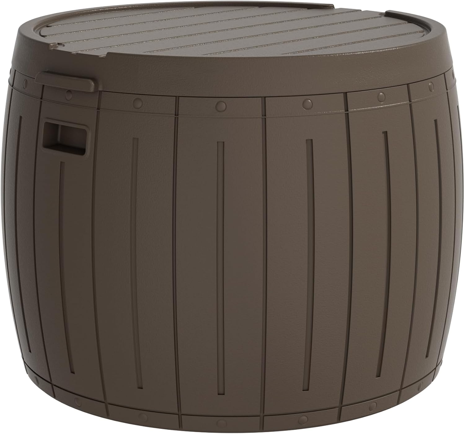 Front. Decksplore - 27 Gallon Deck Box Storage Box, Round Patio Table, Waterproof Outdoor Storage Box for Towels, Patio Furniture - Brown.