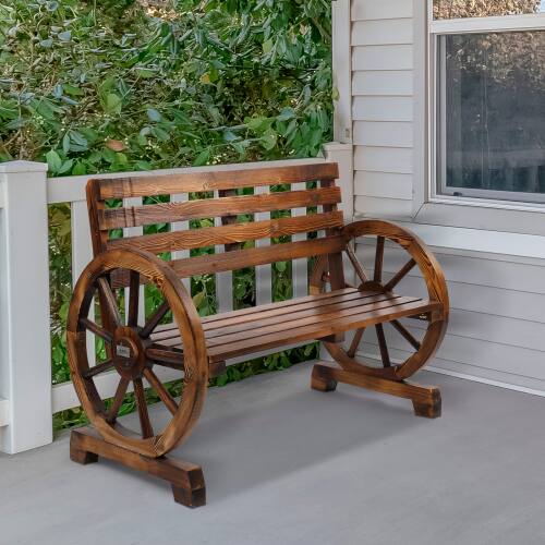 Alt View 5. Winado - 41in 2-Person Wooden Rustic with Wagon Wheel Arms, Resistance Bench Garden Loveseat Porch for Patio Yard Outdoor Seat - Carbonized.