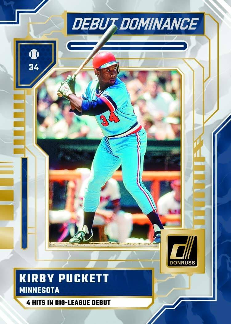 DEBUT DOMINANCE  
34  
DONRUSS  
KIRBY PUCKETT  
MINNESOTA  
4 HITS IN BIG-LEAGUE DEBUT