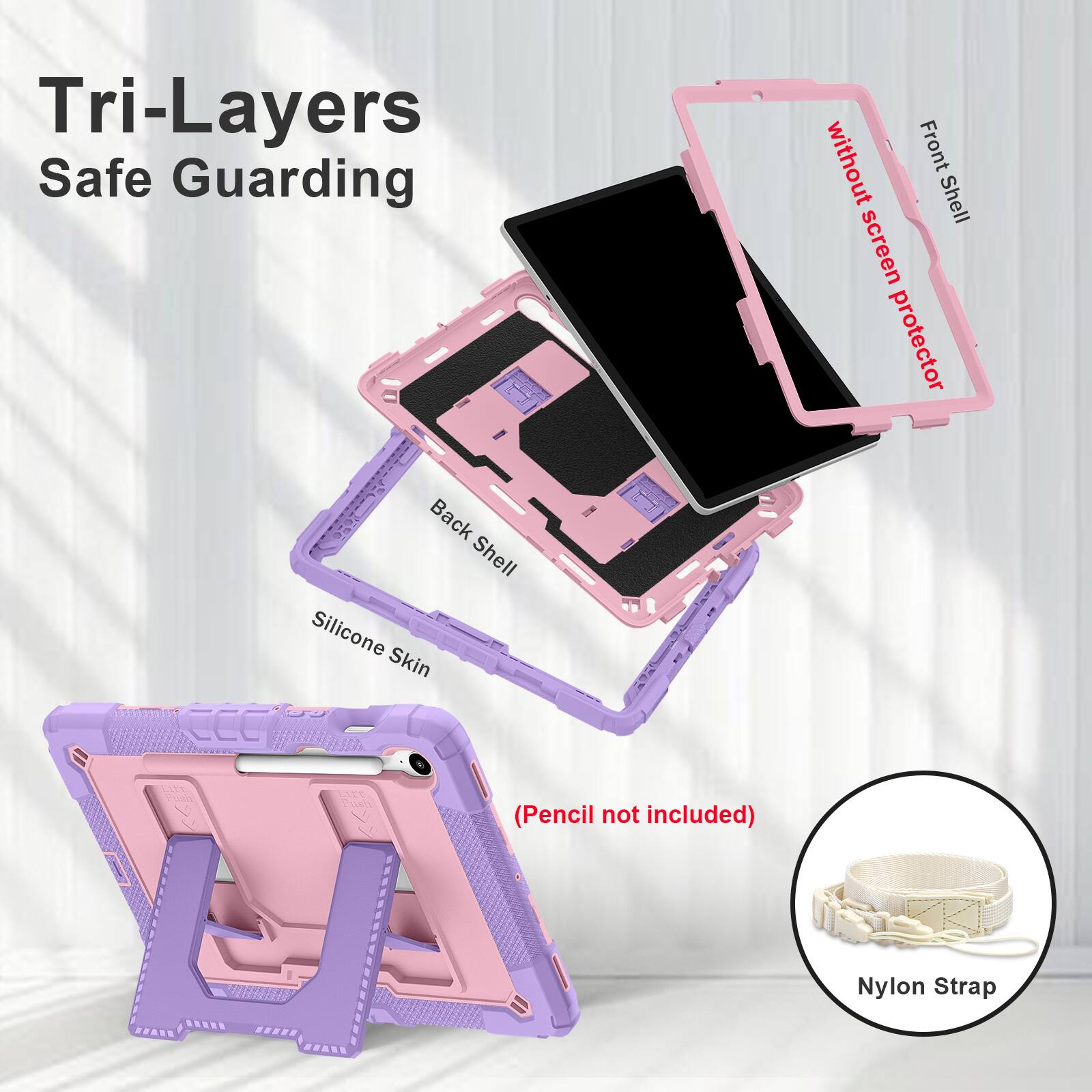 Tri-Layers Safe Guarding without Front Shell screen protector Back Shell Silicone Skin EEC Push (Pencil not included) Nylon Strap