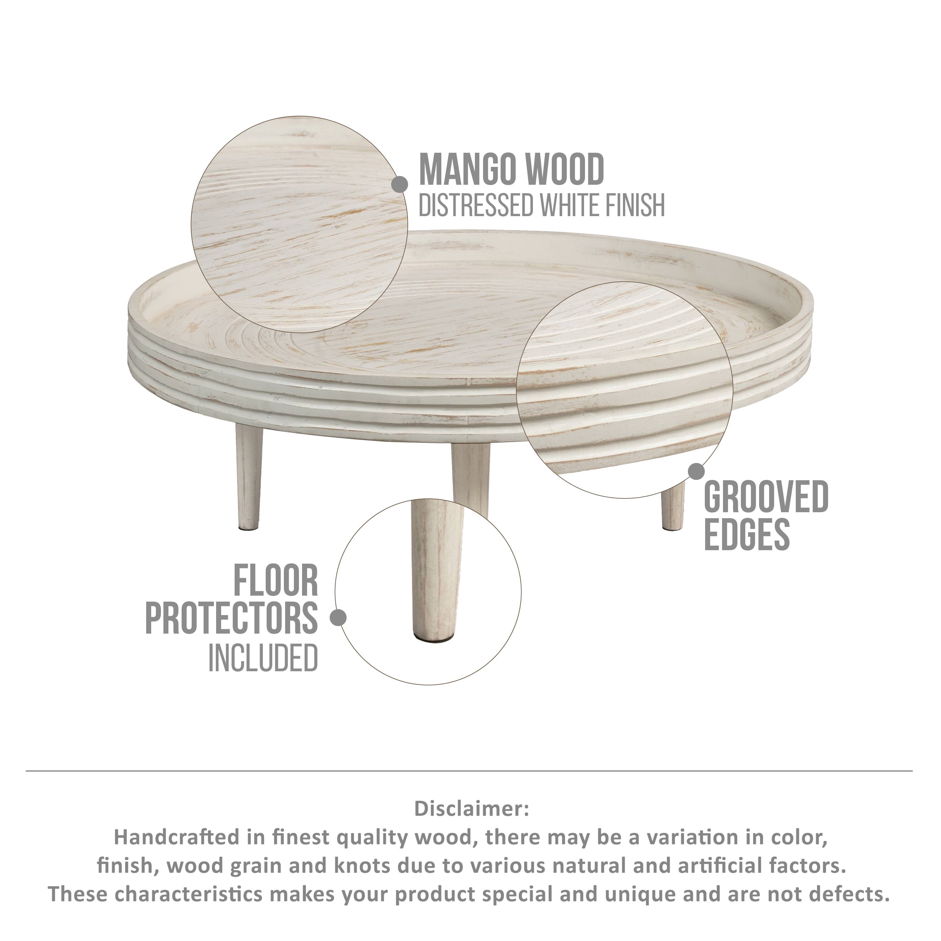 MANGO WOOD DISTRESSED WHITE FINISH
GROOVED EDGES
FLOOR PROTECTORS INCLUDED
Disclaimer: Handcrafted in finest quality wood, there may be a variation in color, finish, wood grain and knots due to various natural and artificial factors. These characteristics makes your product special and unique and are not defects.