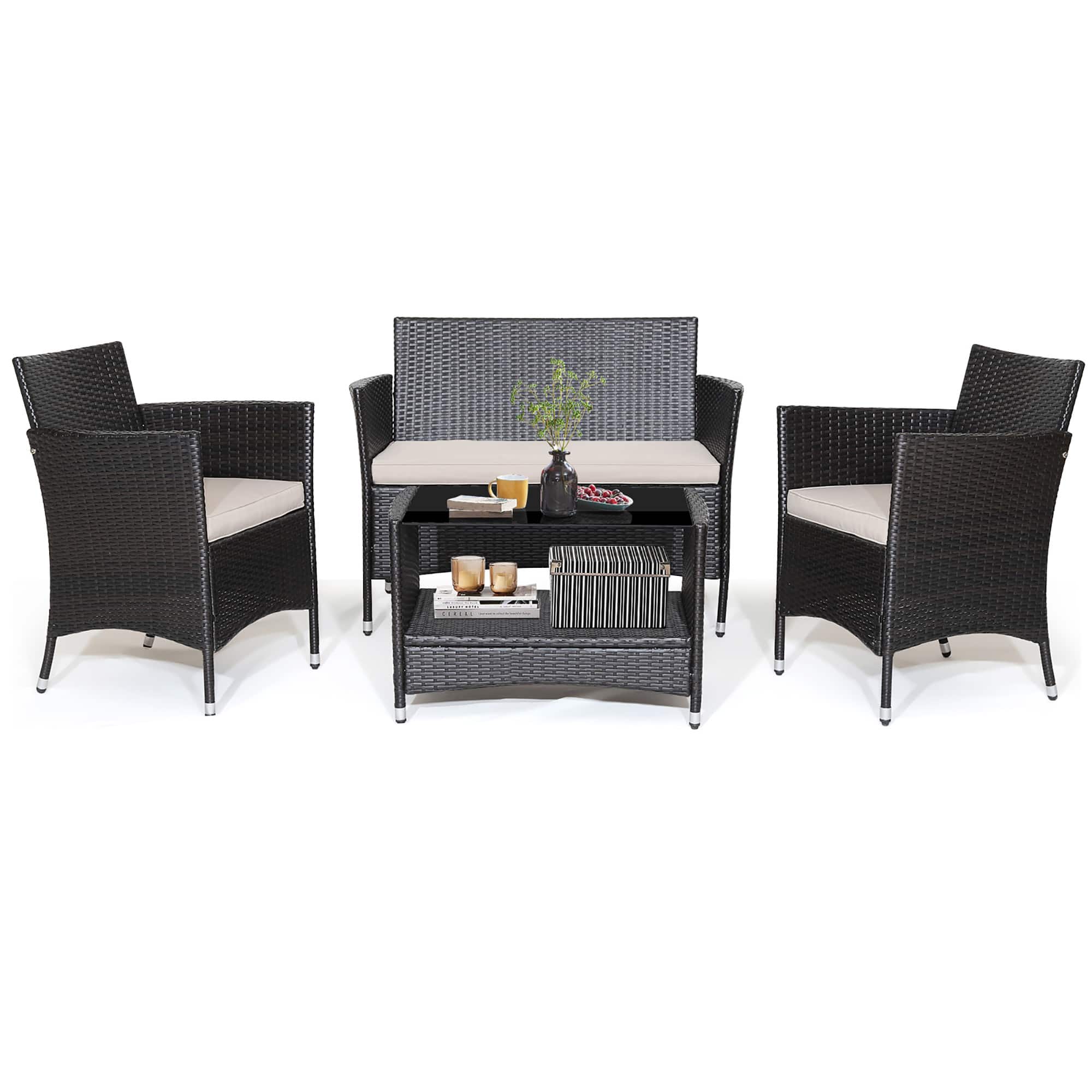Costway - 4PCS Patio Rattan Furniture Set Armrest Cushion Sofa Coffee Table withShelf Garden - Multicolor price history on PriceWatchPro