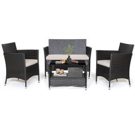 Costway - 4PCS Patio Rattan Furniture Set Armrest Cushion Sofa Coffee Table withShelf Garden - Multicolor