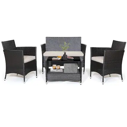 Front. Costway - Costway 4PCS Patio Rattan Furniture Set Armrest Cushion Sofa Coffee Table withShelf Garden - Multicolor.