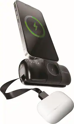 Chargeworx - 5000 mAh Capsule Power Bank with Built-In USB-C Cable and Apple Watch Charger - Black