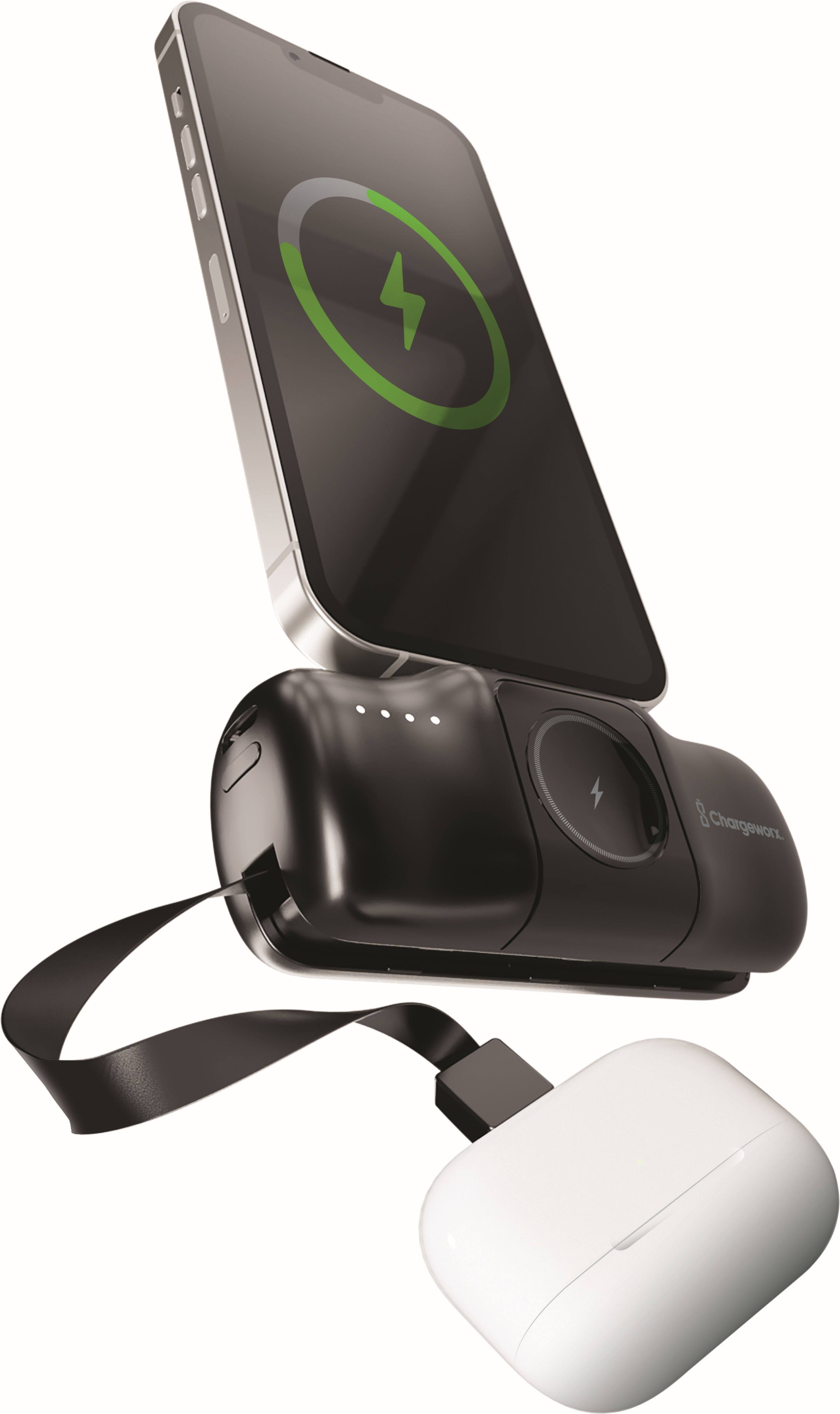 Chargeworx - 5000 mAh Capsule Power Bank with Built-In USB-C Cable and Apple Watch Charger - Black