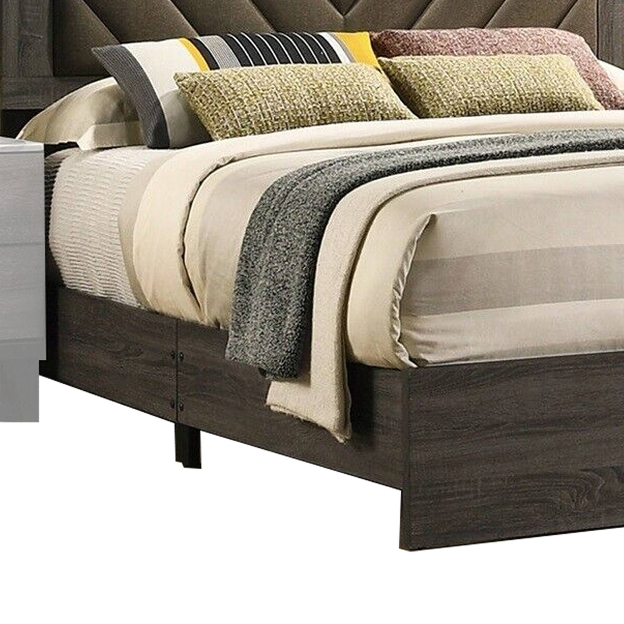 Alt View 3. Manhattan Lane - Cato Upholstered King Size Bed, Chevron Tufted Brown Headboard - Gray, Brown.
