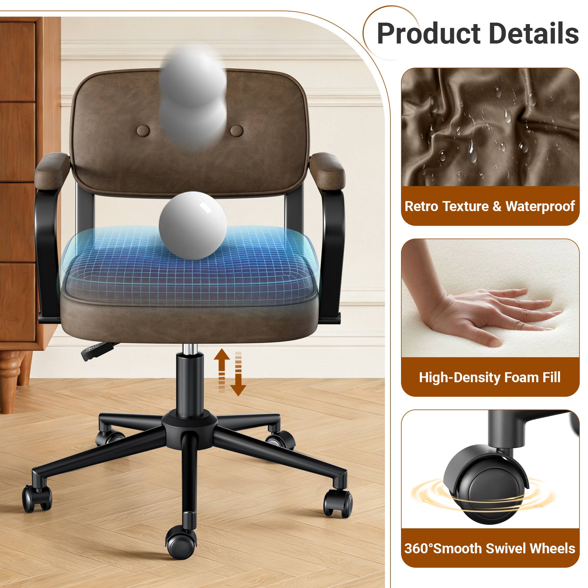 Product Details

- Retro Texture & Waterproof
- High-Density Foam Fill
- 360° Smooth Swivel Wheels