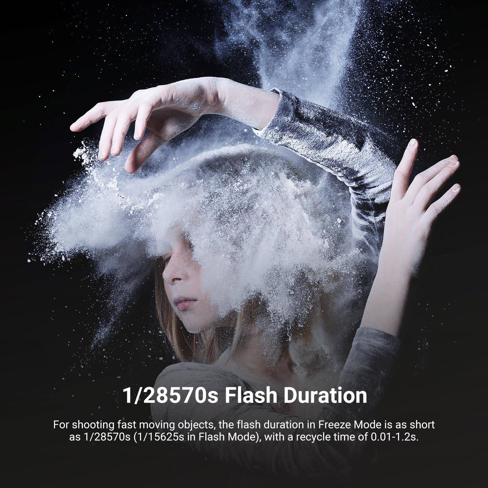 1/28570s Flash Duration

For shooting fast moving objects, the flash duration in Freeze Mode is as short as 1/28570s (1/15625s in Flash Mode), with a recycle time of 0.01-1.2s.