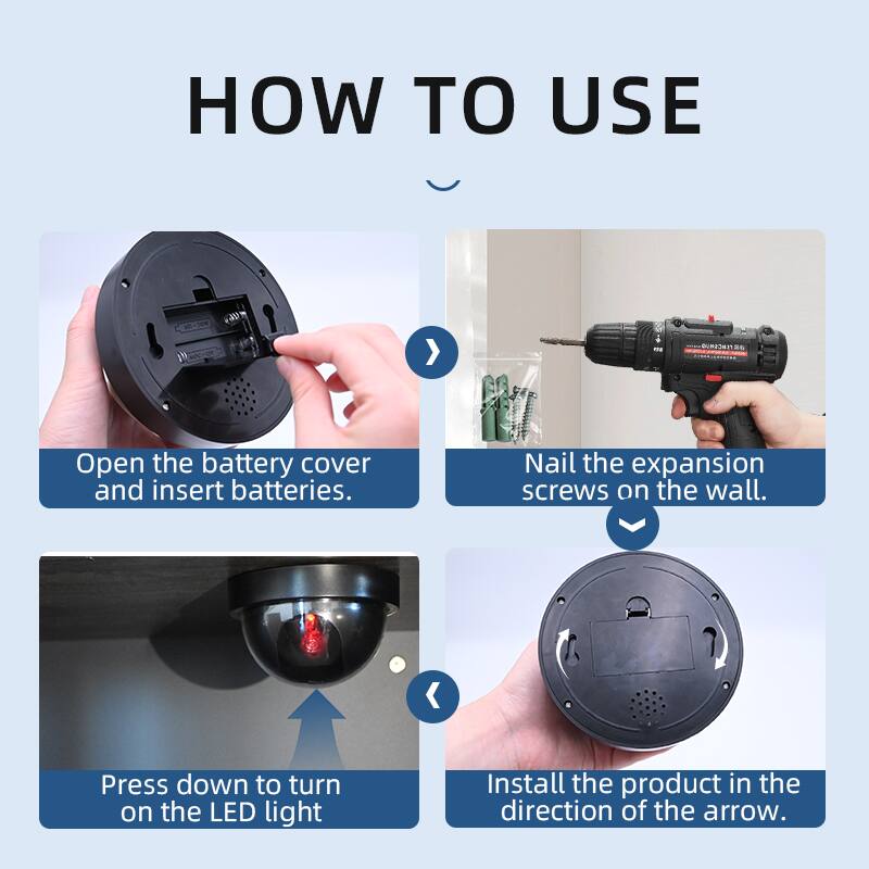 HOW TO USE GA - CAS

1. Open the battery cover and insert batteries.
2. Nail the expansion screws on the wall.
3. Press down to turn on the LED light.
4. Install the product in the direction of the arrow.