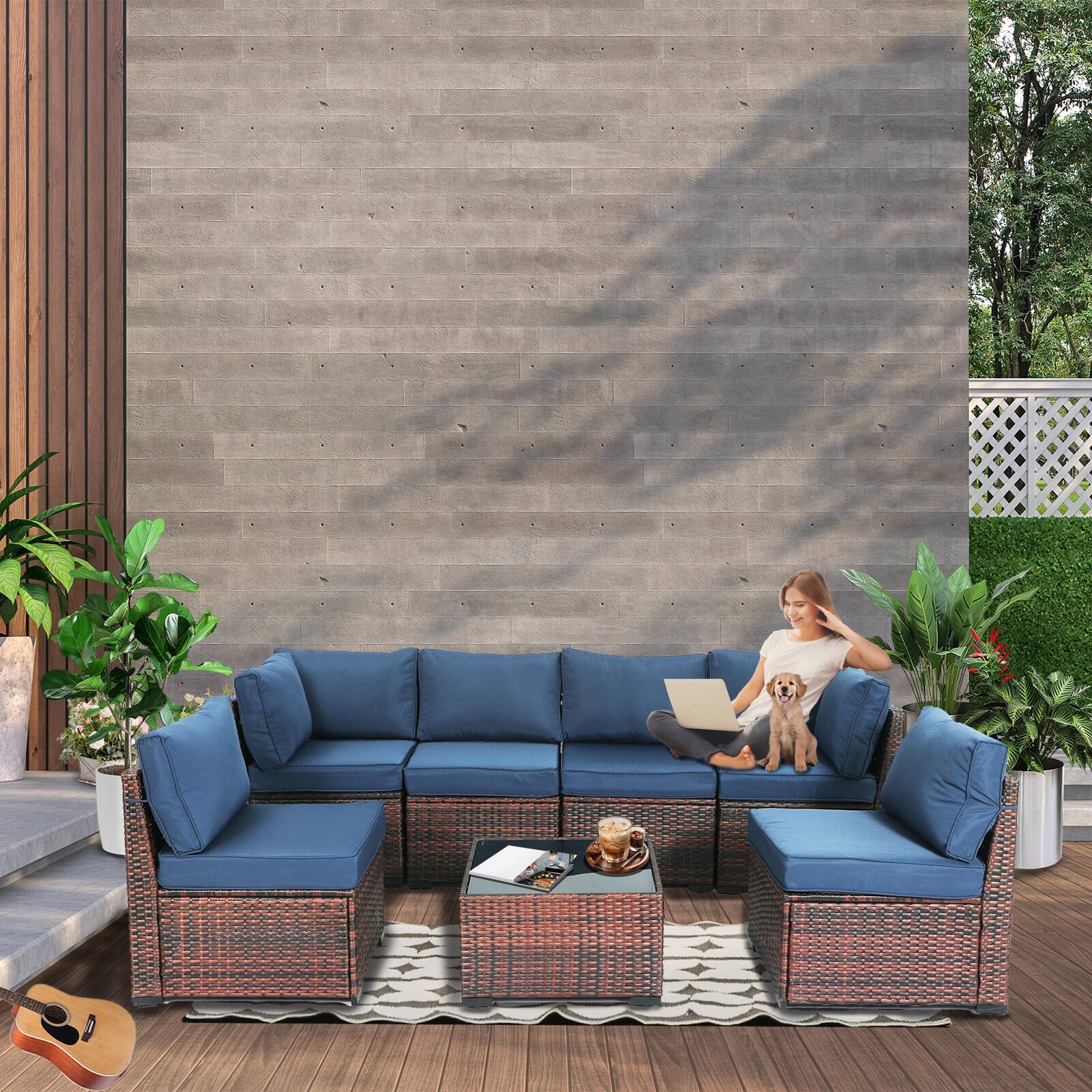 Angle. Decksplore - 7-Piece  Wicker Outdoor Furniture Conversation Set with Thick Cushions and Coffee Table - Dark Blue.