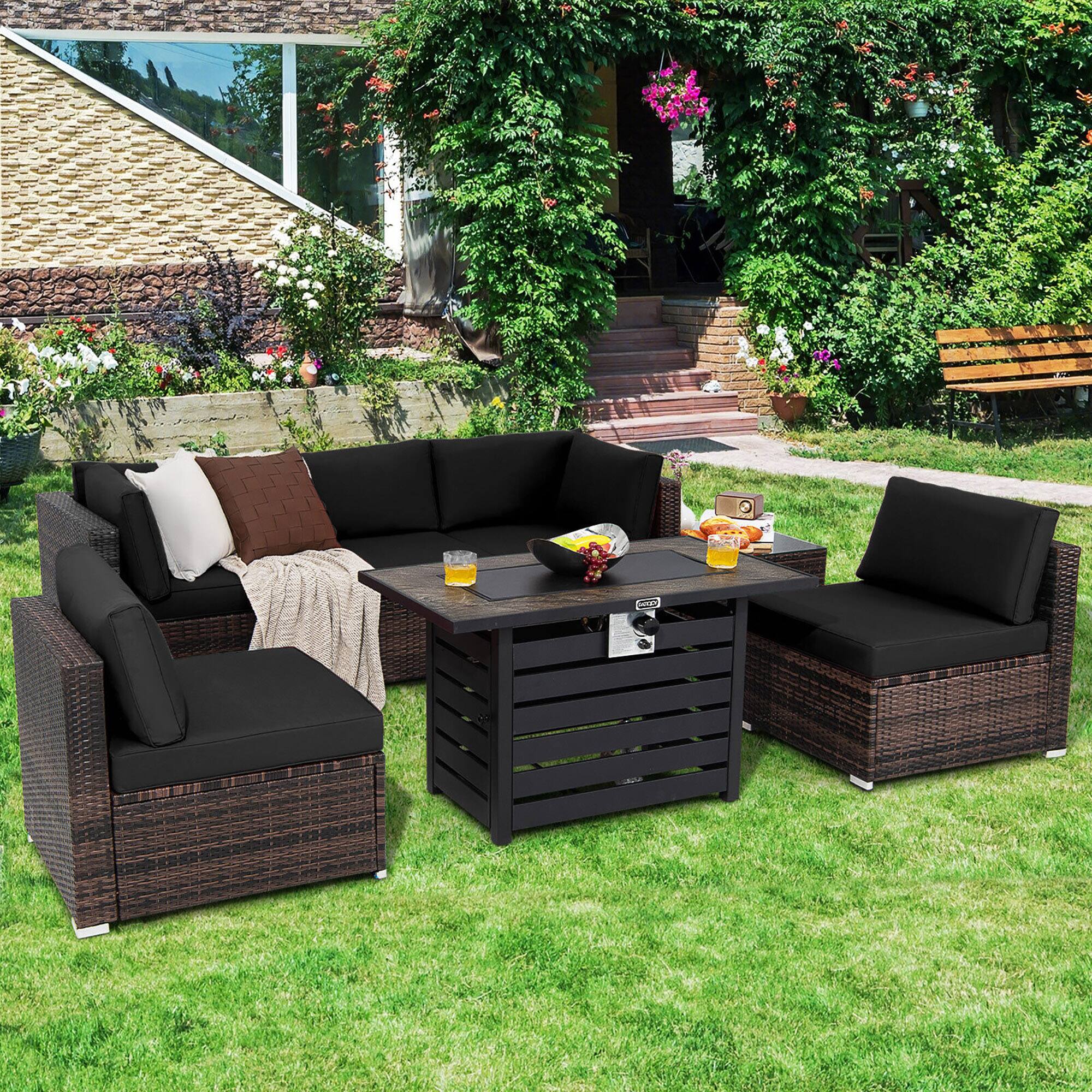 Alt View 2. Gymax - Gymax 7PCS Patio Rattan Furniture Set 42'' Fire Pit Table w/ Cover Cushioned Black - Black.