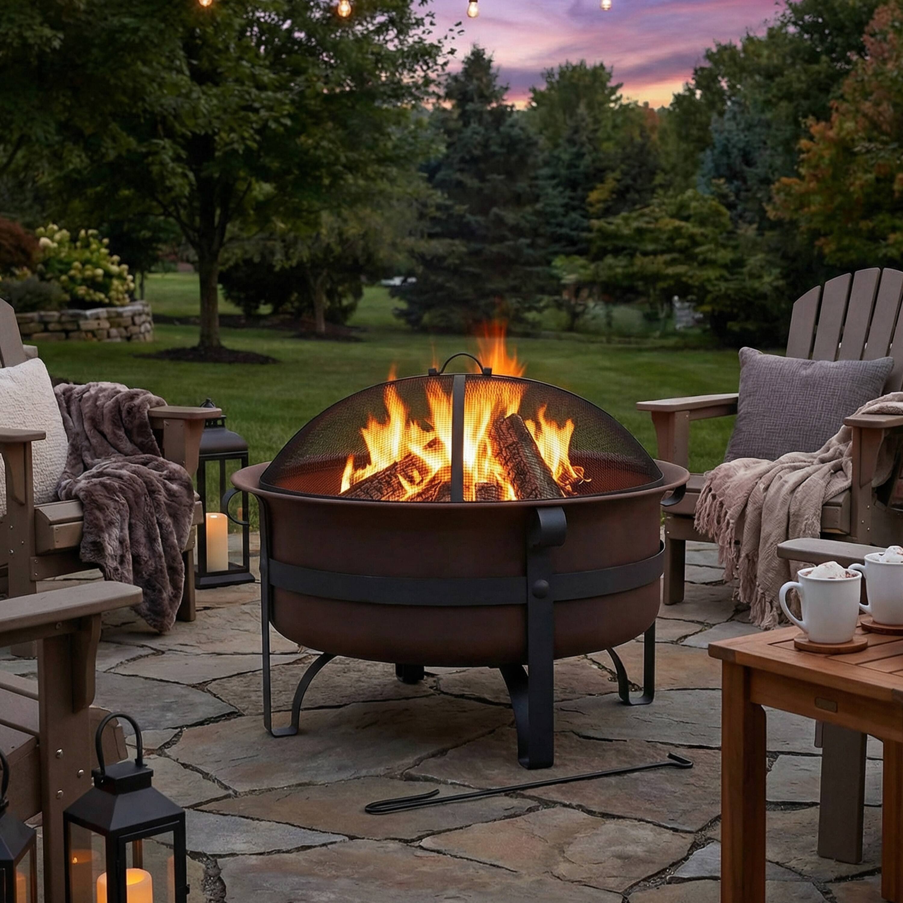 Alt View 9. Sunnydaze - 29 in Cauldron Style Steel Fire Pit with Spark Screen - Bronze.