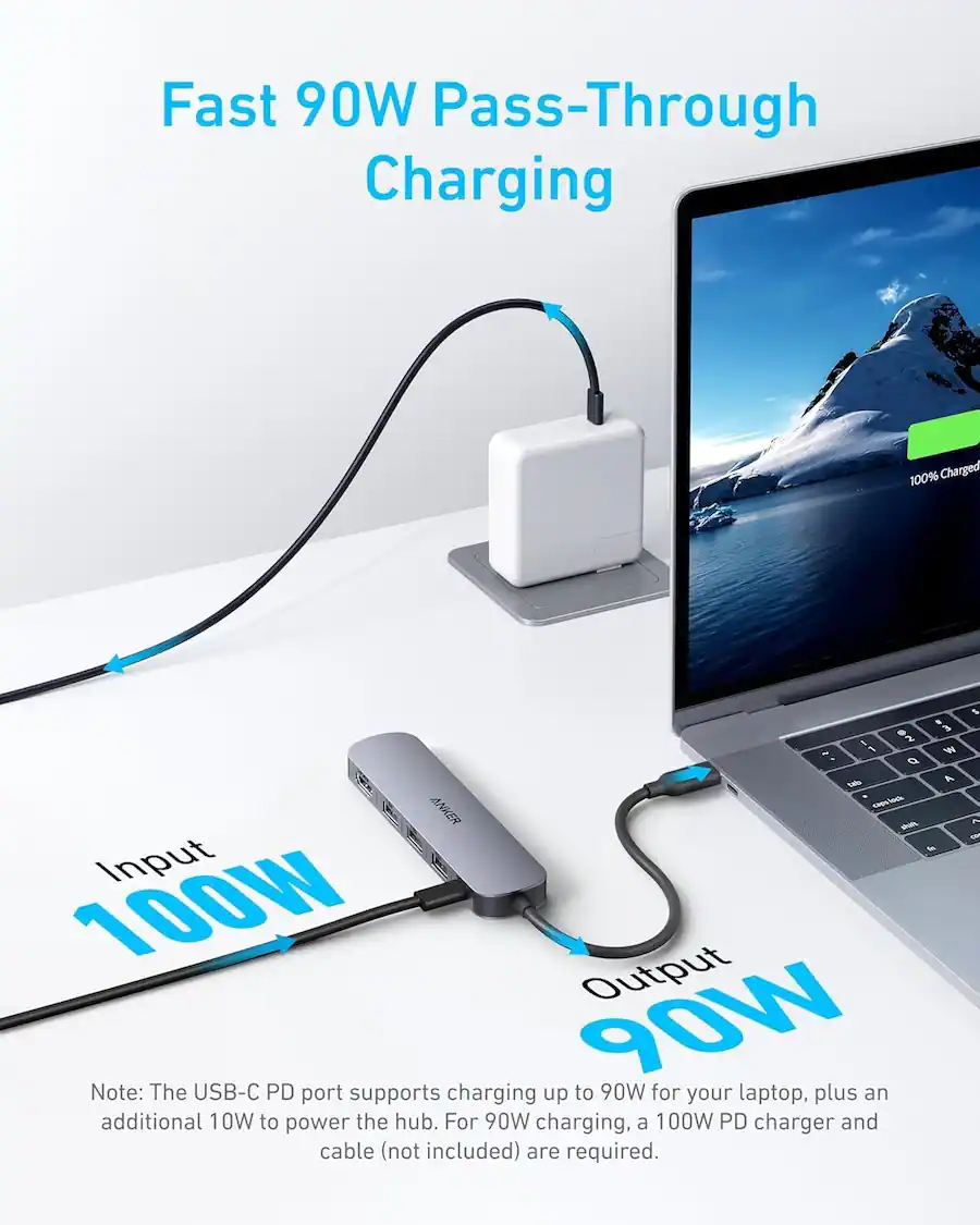 Carga rápida de paso de 90 W Entrada 100W Salida 90W Nota: El puerto USB-C PD admite la carga de hasta 90 W para su computadora portátil, además de 10 W adicionales para alimentar el concentrador. Para una carga de 90 W, se requiere un cargador PD de 100 W y un cable (no incluido).