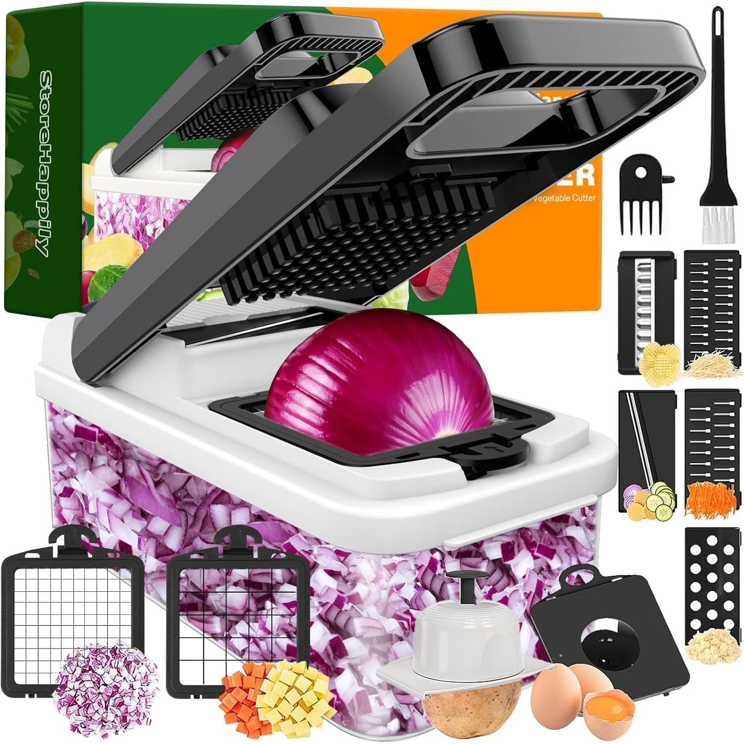 PARKER SLATER - 12-in-1 Vegetable Chopper, 7 Blades Veggie Chopper with Container and Lid, Dicer, Slicer, Multifunctional Kitchen Gadget - Black