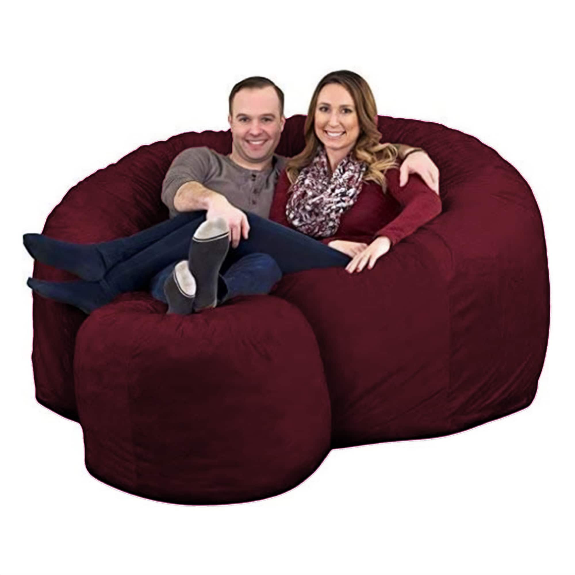 Ultimate Sack - 6' Bean Bag Chair and Footstool, Oversized Lounger, Suede - Burgundy