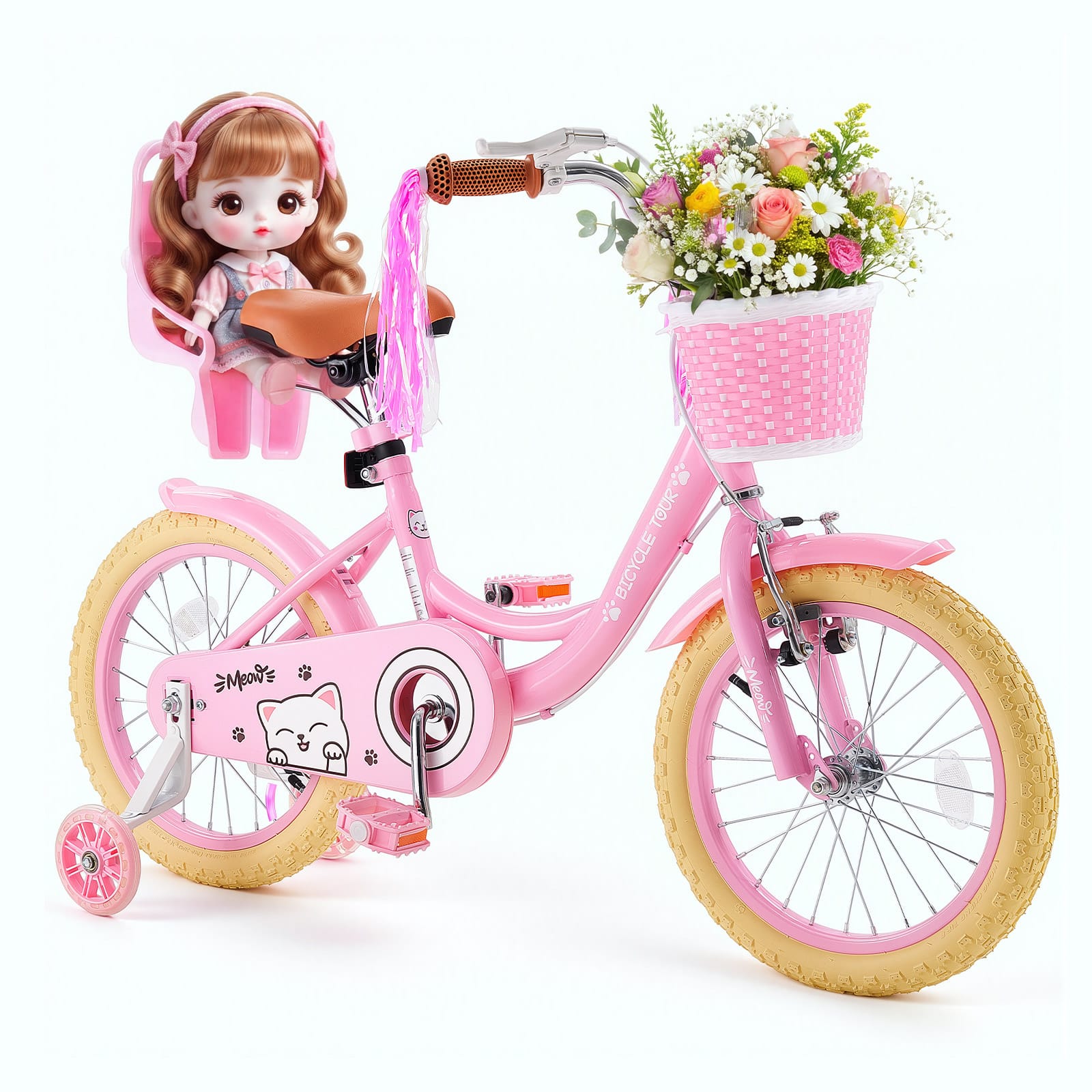 VEVOR - Kids Bike, 16 Inch Children Bicycle, Training Wheels Princess for Girls Ages 4-7, Adjustable Seat, Front Brake - Pink