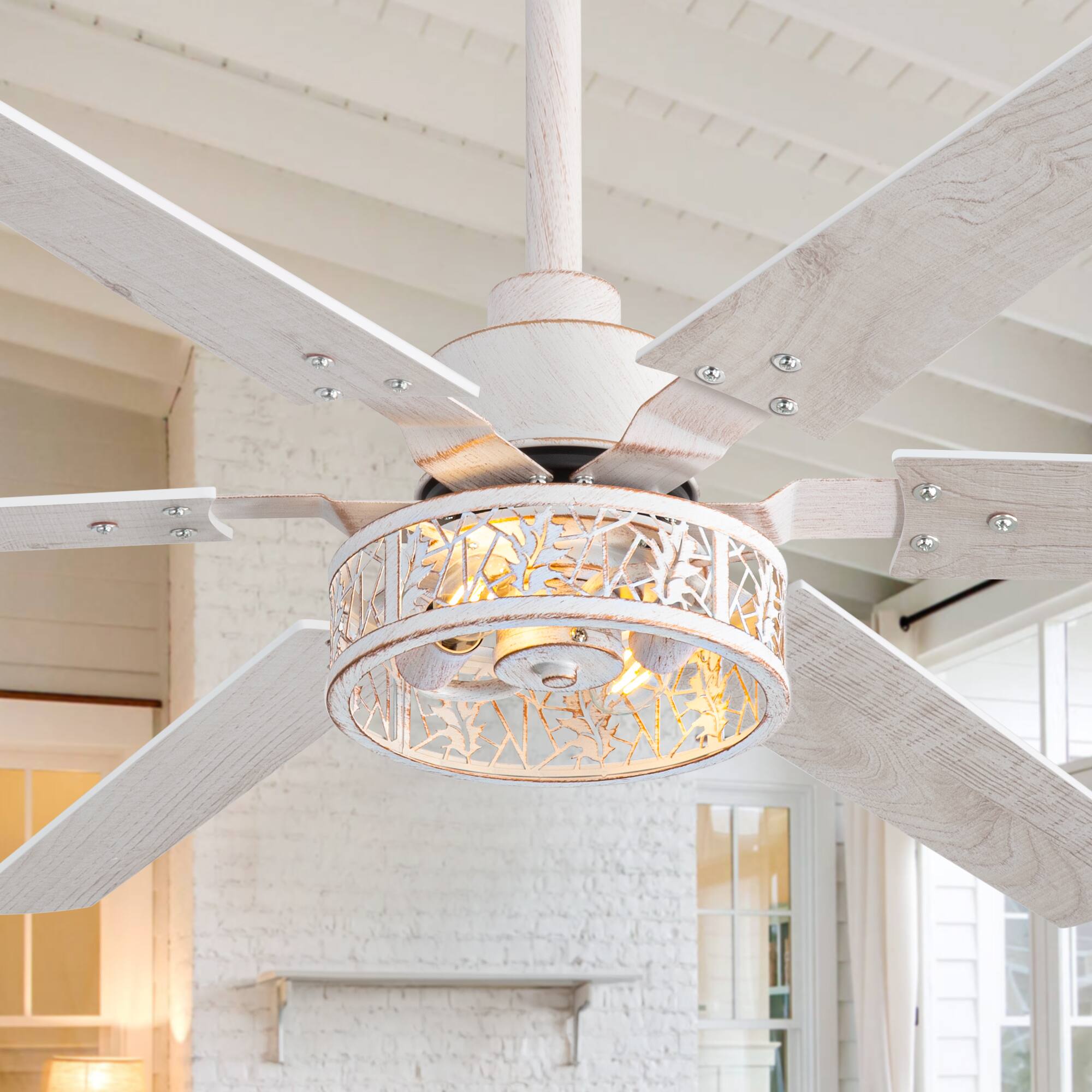 Angle. Breezary - 46-In Indoor 2-Pack Ceiling Fan with 6 Plywood Blades, DC Motor, 6-Speed Remote, Timer with Memory Function - Distressed White and Gold.