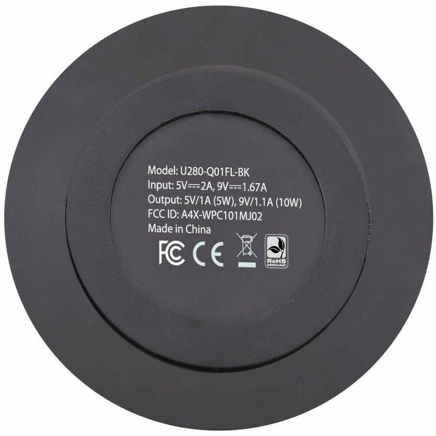 Model: U280-Q01FL-BK  
Input: 5V=2A, 9V=1.67A  
Output: 5V/1A (5W), 9V/1.1A (10W)  
FCC ID: A4X-WPC101MJ02  
Made in China  
FC CE COMPLIANT  
RoHS
