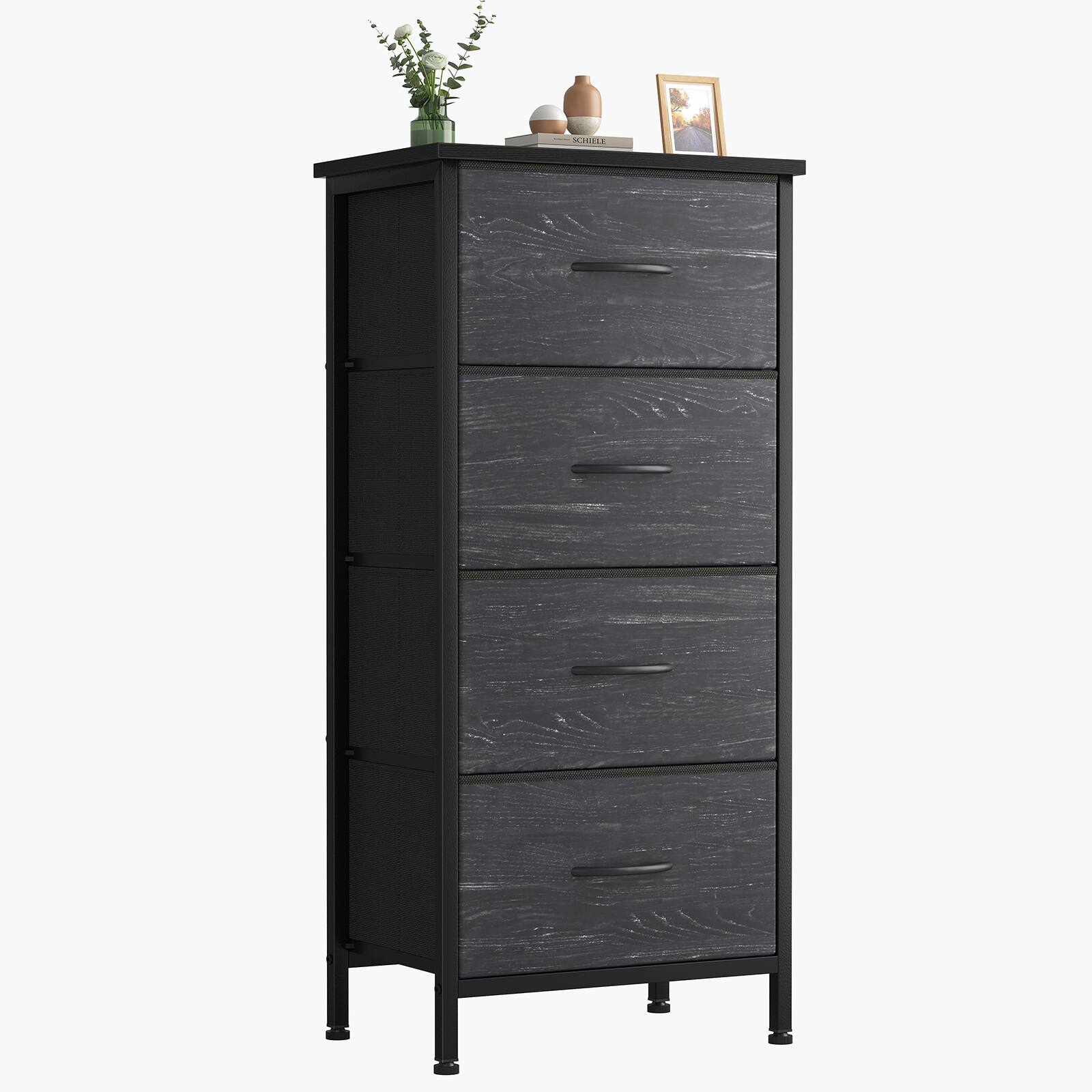 Front. Sweetcrispy - 4-Drawer Fabric Dresser with Metal Frame, Storage Organizer, Chest of Drawers with Wood Top for Bedroom Living Room - Black Wood Grain.
