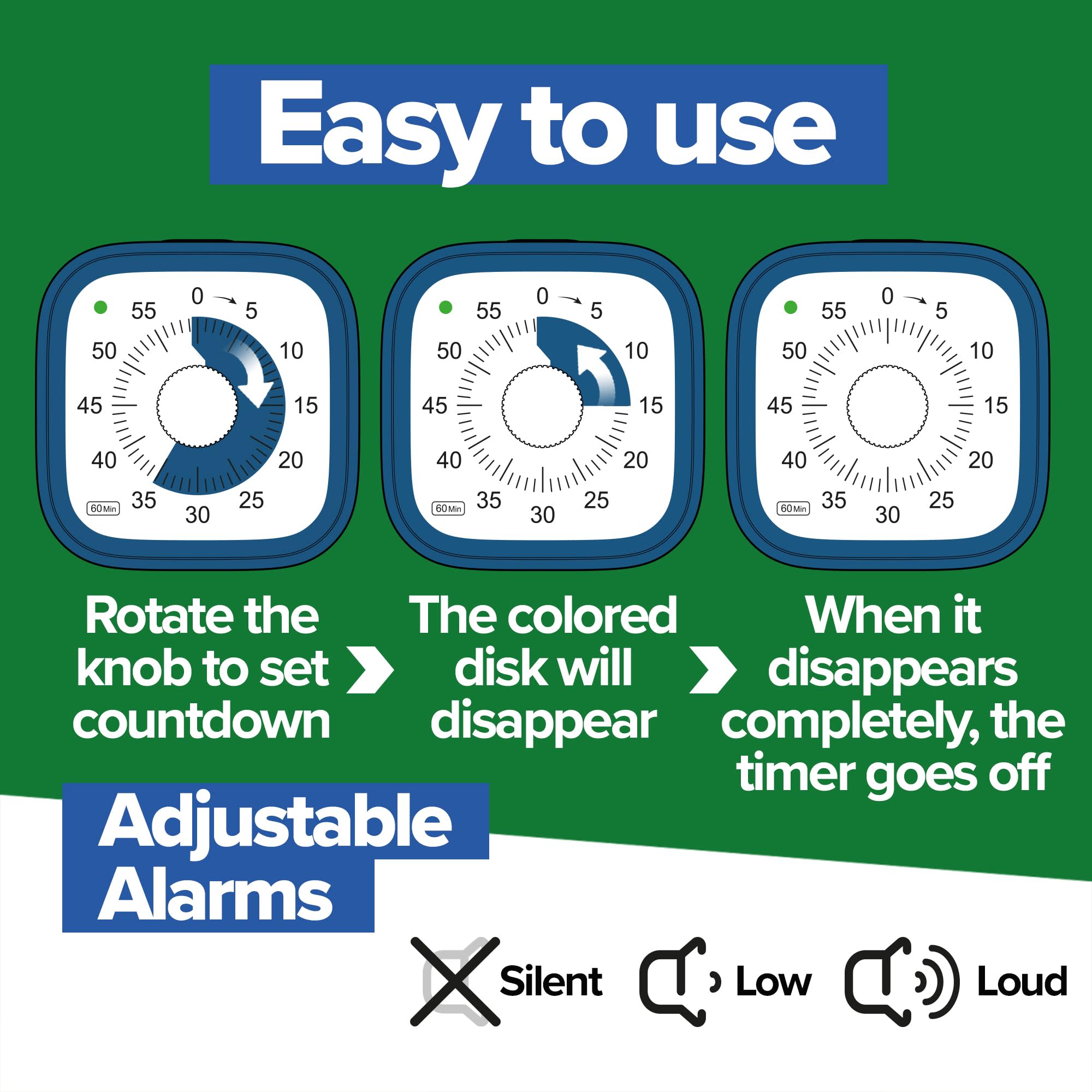 Easy to use

Rotate the knob to set countdown

The colored disk will disappear

When it disappears completely, the timer goes off

Adjustable Alarms

Silent Low Loud