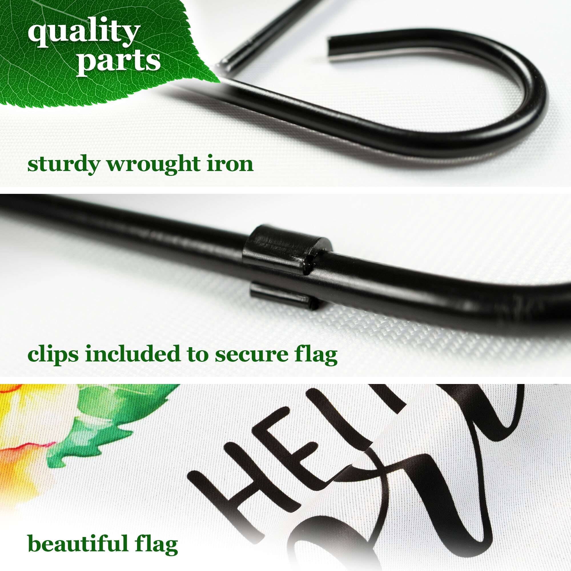 quality parts  
sturdy wrought iron  
clips included to secure flag  
beautiful flag