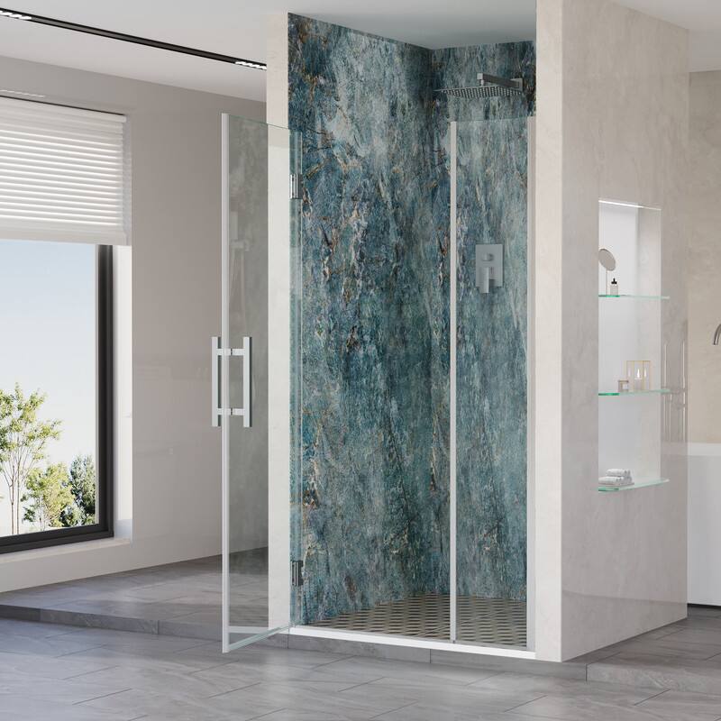 Left. WELLFOR - 38–39 in. W x 72 in. H Frameless Hinged Shower Door with 3/8" Clear Tempered Glass, Reversible Opening - Chrome.