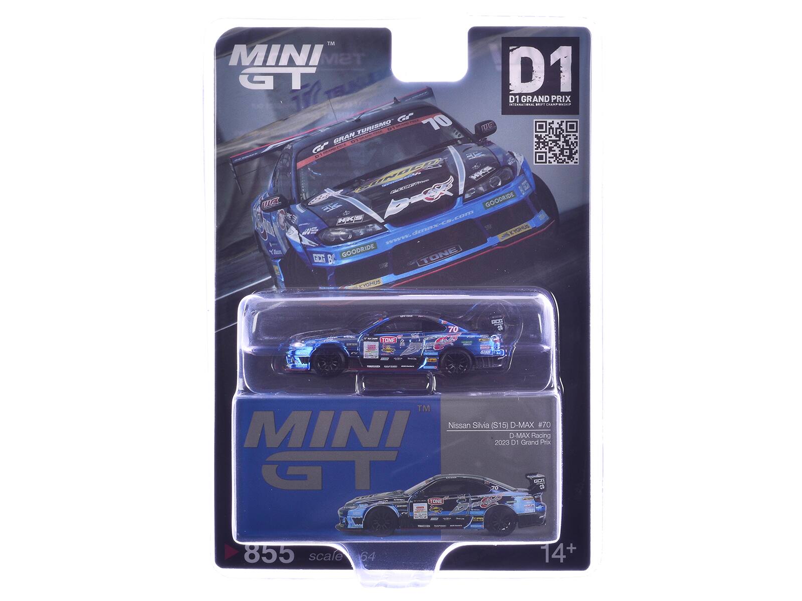 MINI GT  
TM MINI GT D1 D1 GRAND PRIX  
i Gf 70 TURIEMO UG GRAN TURISMO INOC C UE GOODRIDE  
www.dmax-cs.com  
KYGHUS dem GOODRIDE TONE T B COUS TONE 70 A C  
TM Nissan Silvia (S15) D-MAX #70 MINI 2023 D-MAX DI Grand Racing Prix GT  
855 scale 64 14+
