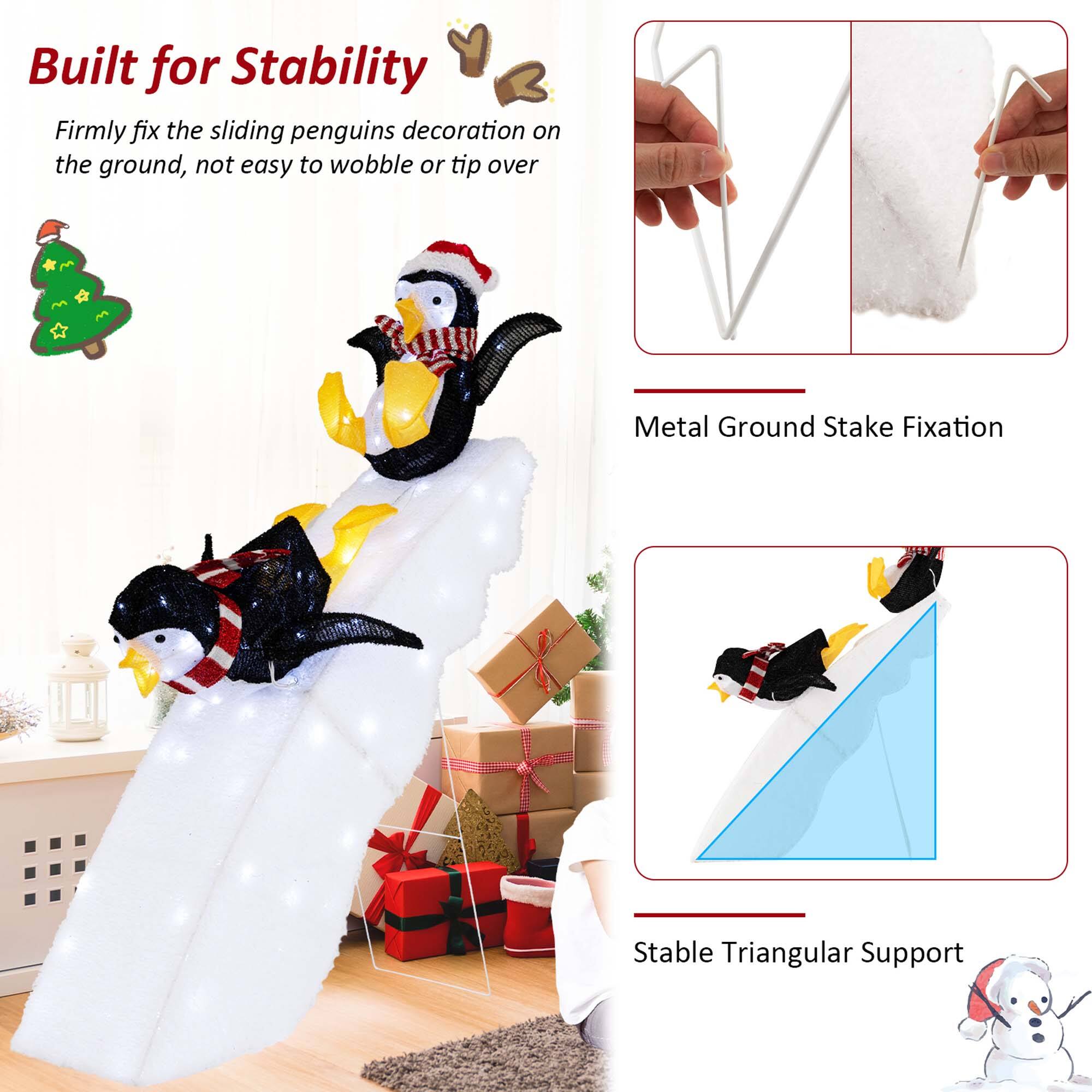 Built for Stability: Firmly fix the sliding penguins decoration on the ground, not easy to wobble or tip over. Metal Ground Stake Fixation: Stable Triangular Support.