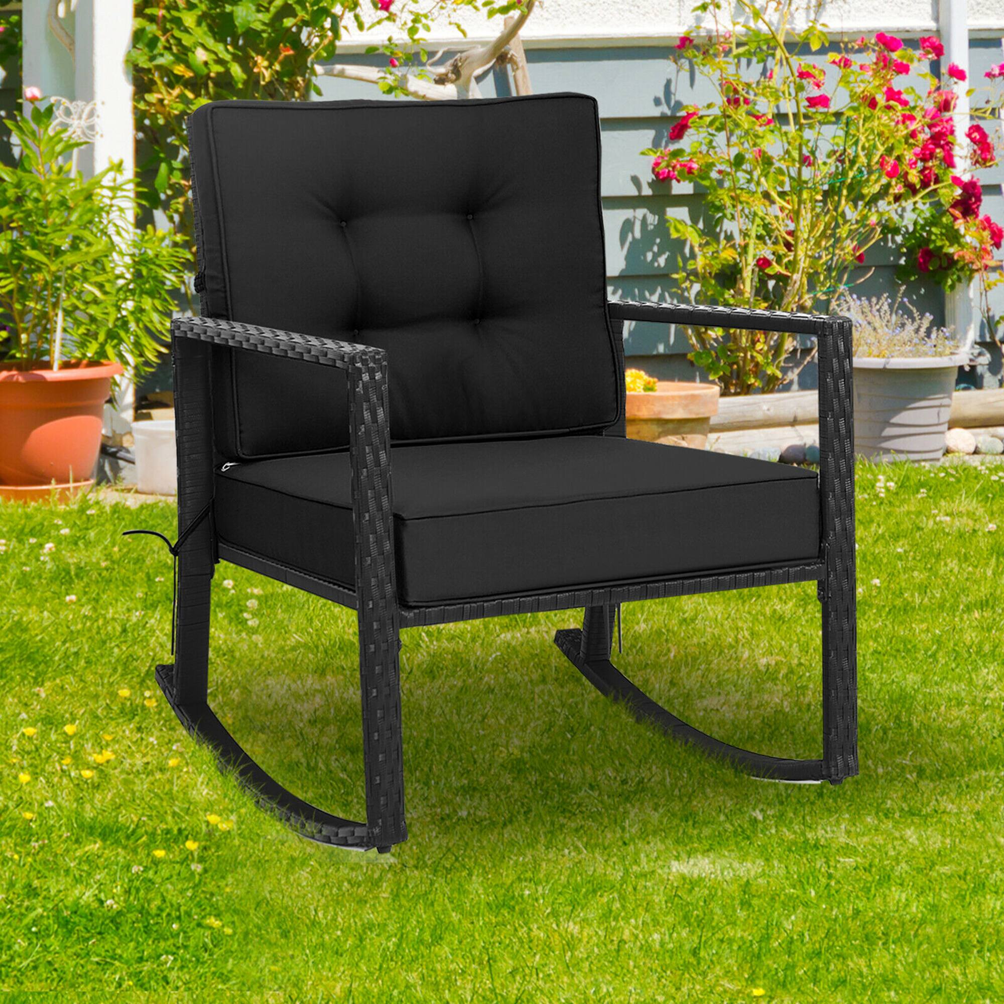 Alt View 3. Gymax - Gymax 2PCS Outdoor Wicker Rocking Chair Patio Rattan Single Chair Glider w/ Black Cushion - Black.