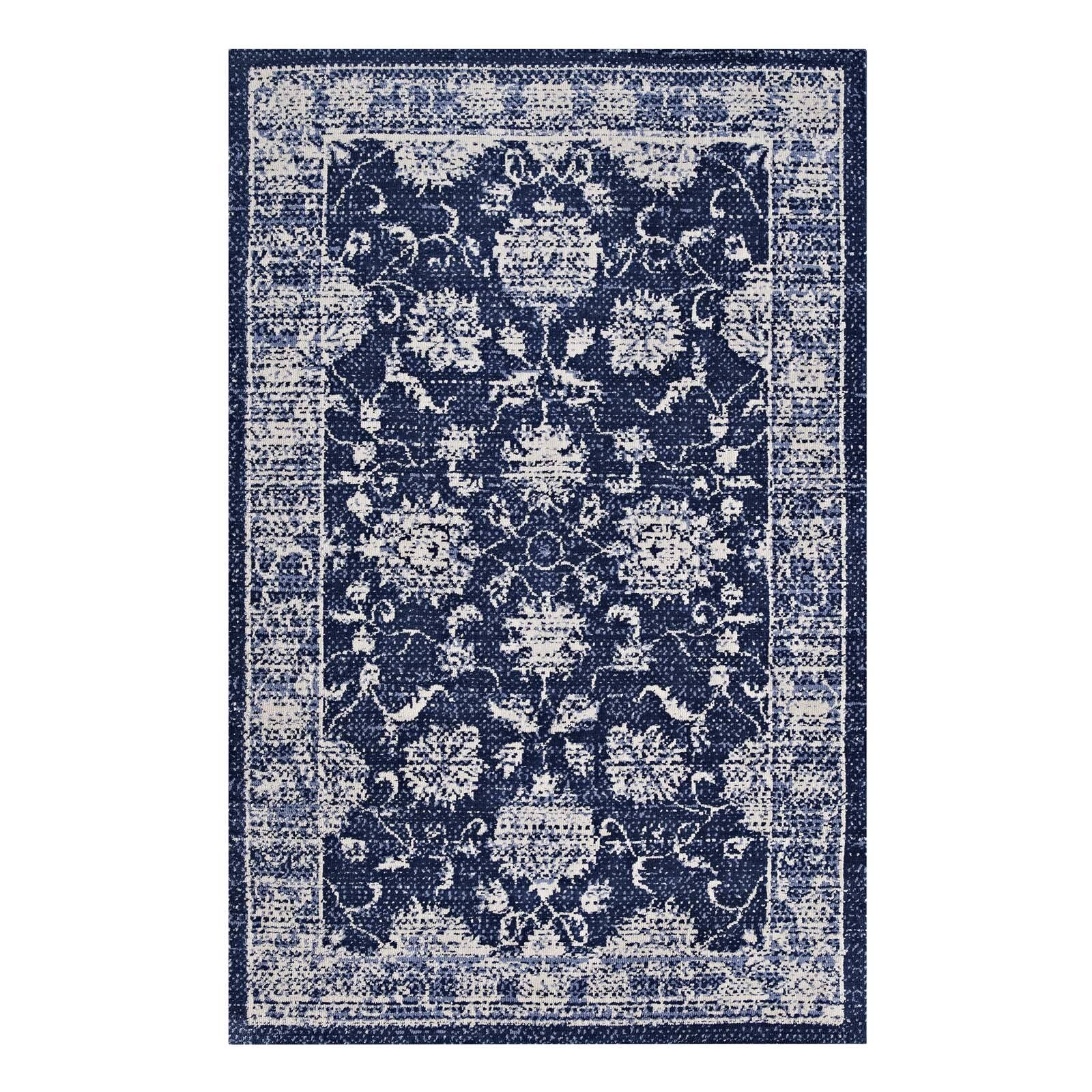 Angle. Modway - Kazia Distressed Floral Lattice Area Rug - Dark Blue and Ivory.